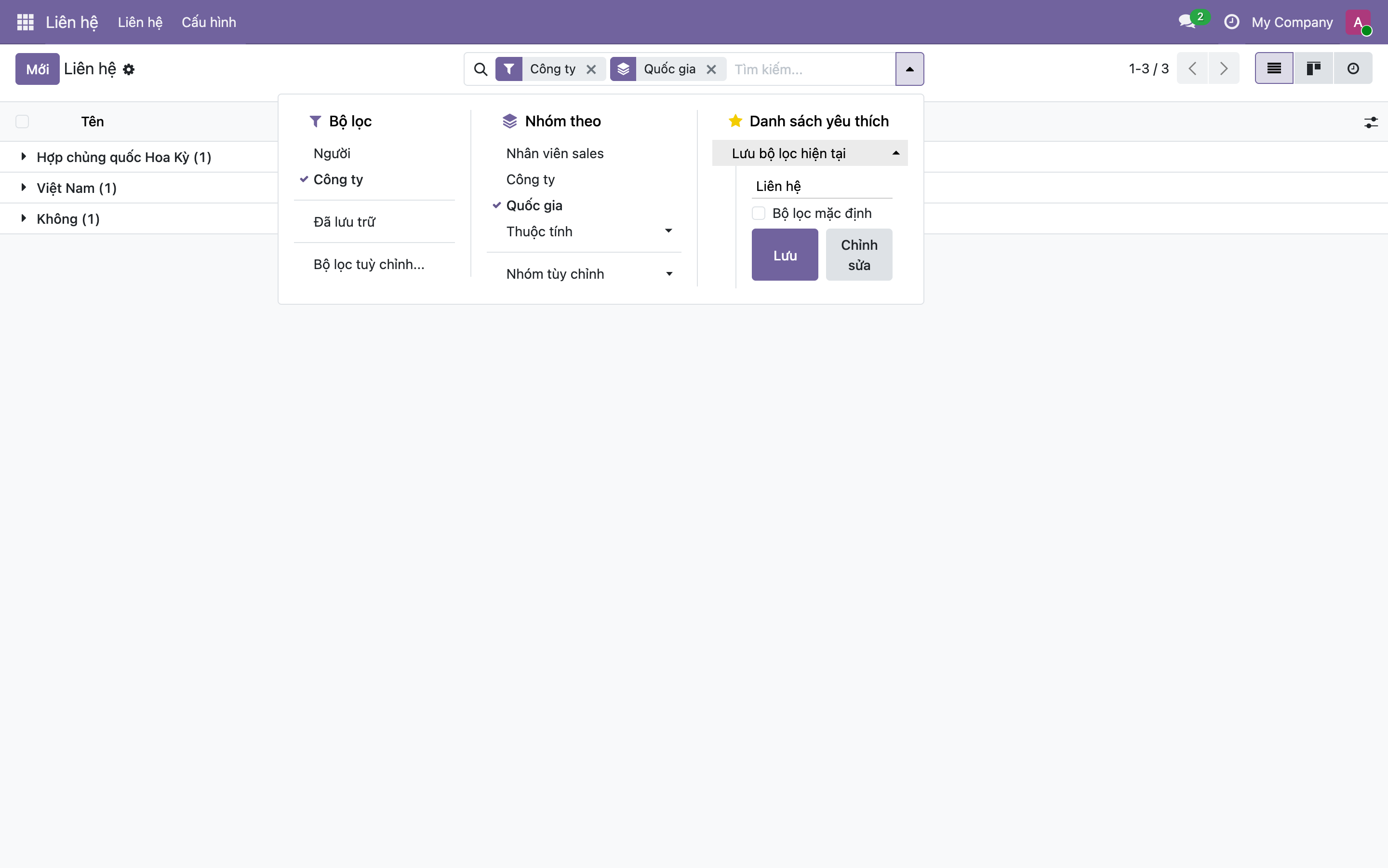 Khung Lưu bộ lọc hiện tại trong cột Danh sách yêu thích của Odoo, có ô đặt tên, ô tick Bộ lọc mặc định và nút Lưu