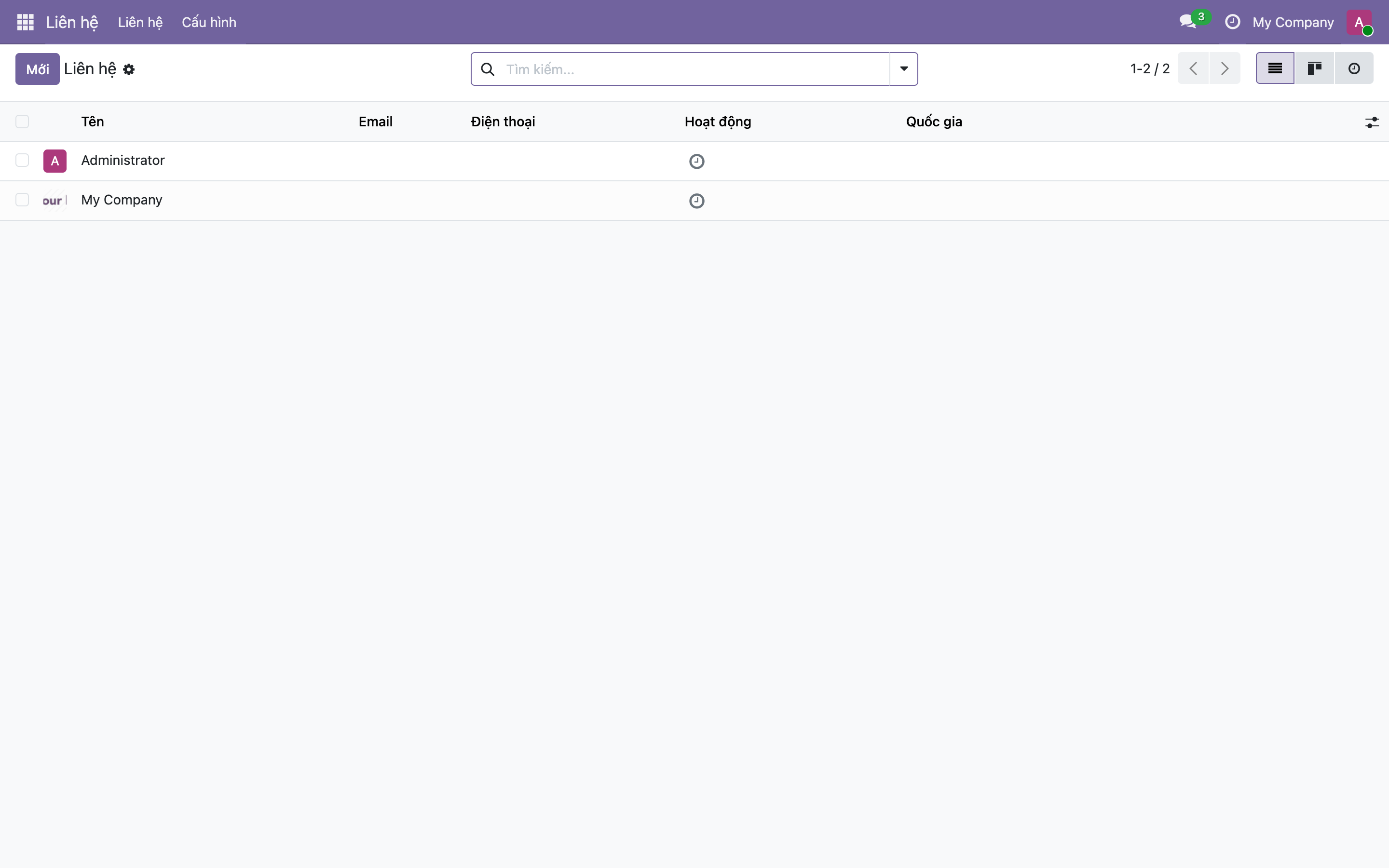 Danh sách Liên hệ trong Odoo, các cột Tên, Email, Điện thoại, Hoạt động, Quốc gia