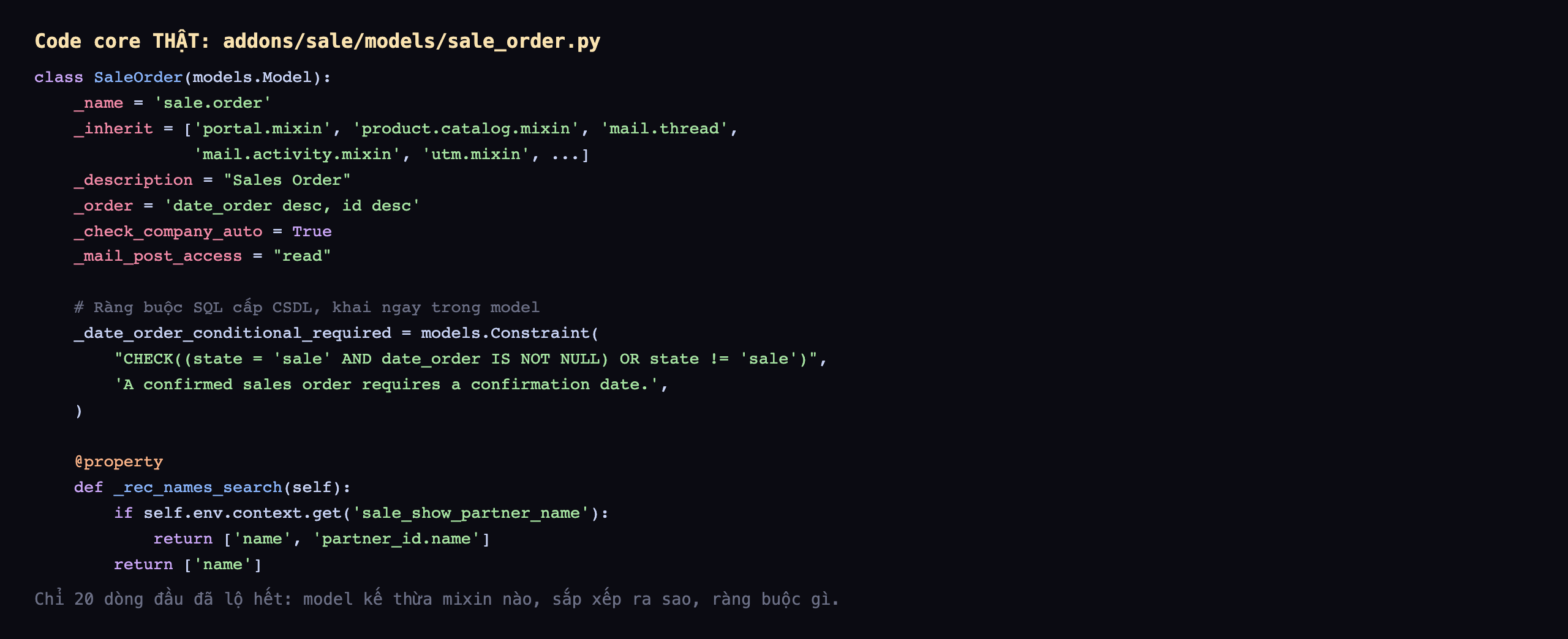 Ảnh chụp code core thật của file addons sale models sale_order.py: class SaleOrder kế thừa models.Model; _name bằng sale.order; _inherit là danh sách gồm portal.mixin, product.catalog.mixin, mail.thread, mail.activity.mixin, utm.mixin; _description Sales Order; _order sắp theo date_order desc id desc; _check_company_auto True; _mail_post_access read; một ràng buộc SQL cấp cơ sở dữ liệu tên _date_order_conditional_required dùng models.Constraint với biểu thức CHECK; và một property _rec_names_search trả về danh sách tên trường tìm kiếm