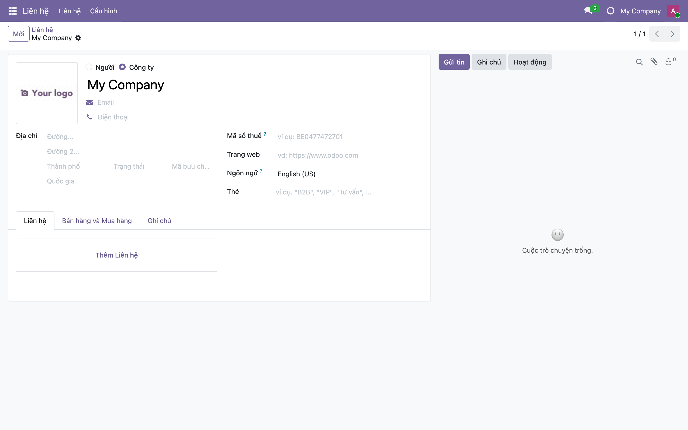 Biểu mẫu một Liên hệ trong Odoo, các trường Email, Điện thoại, Địa chỉ, Mã số thuế và khung Chatter bên phải