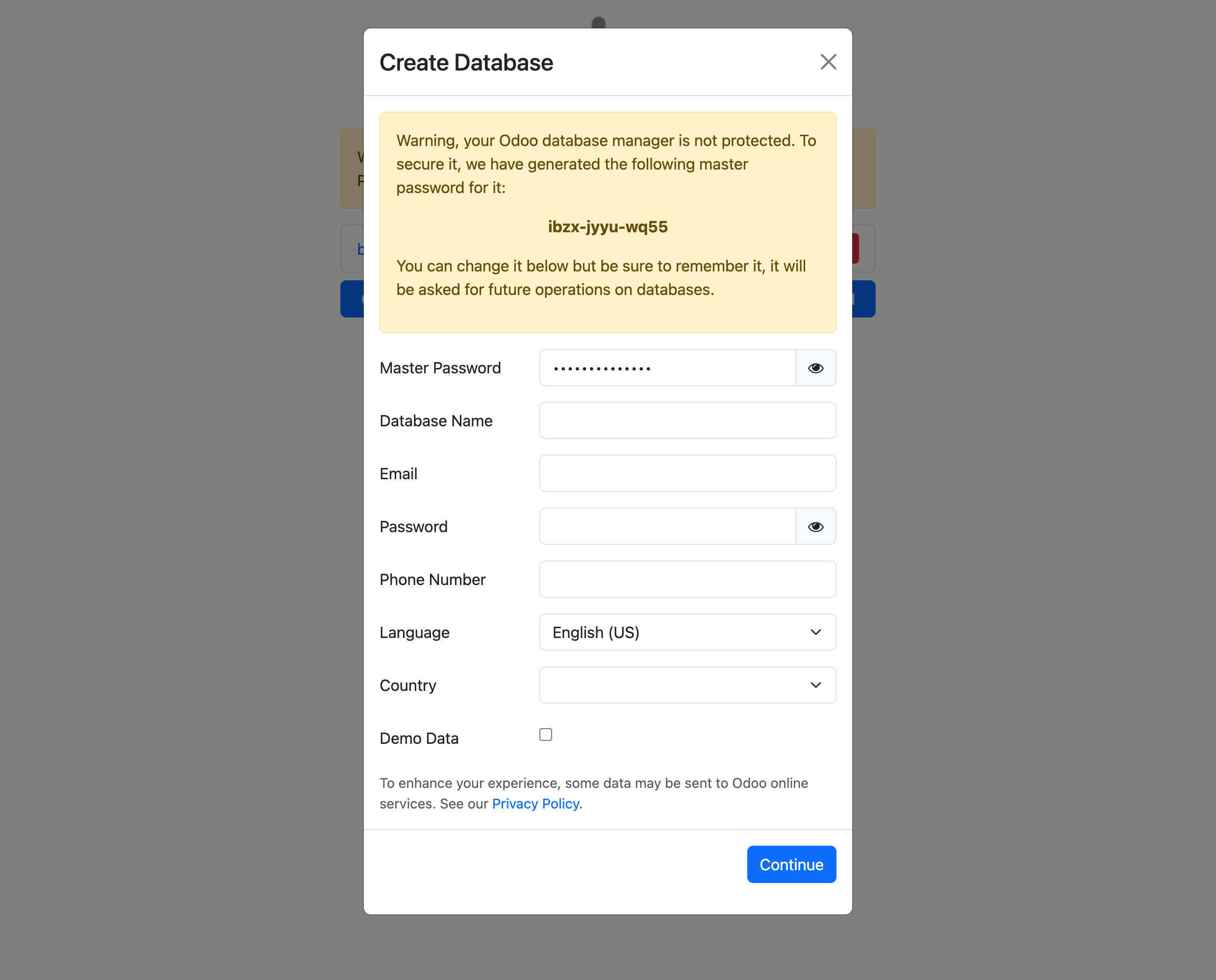 Biểu mẫu Create Database của Odoo với các ô Master Password, Database Name, Email, Password, Language, Country, Demo Data