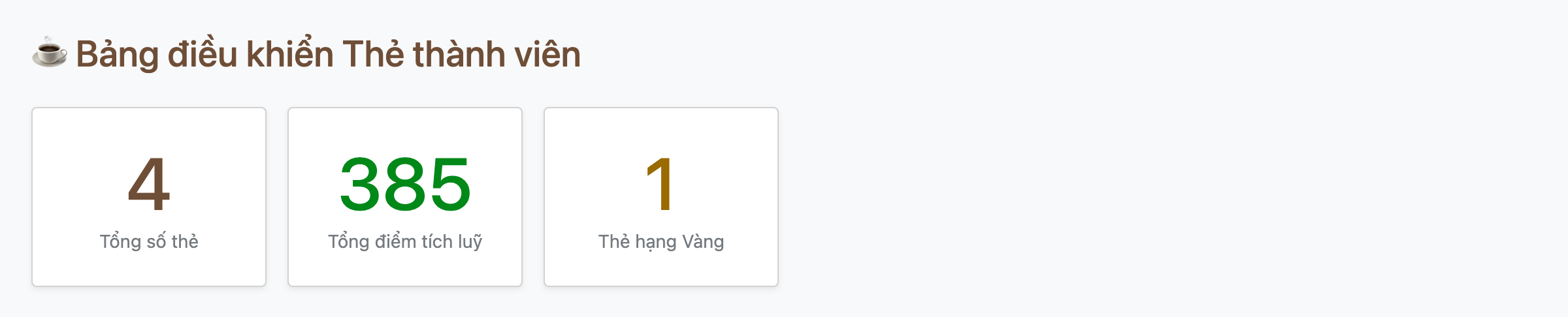 Ảnh chụp giao diện dashboard OWL thật trong Odoo, tiêu đề Bảng điều khiển Thẻ thành viên kèm biểu tượng ly cà phê, ba thẻ số cạnh nhau: thẻ đầu số 4 màu nâu nhãn Tổng số thẻ, thẻ giữa số 385 màu xanh lá nhãn Tổng điểm tích luỹ, thẻ cuối số 1 màu vàng nhãn Thẻ hạng Vàng