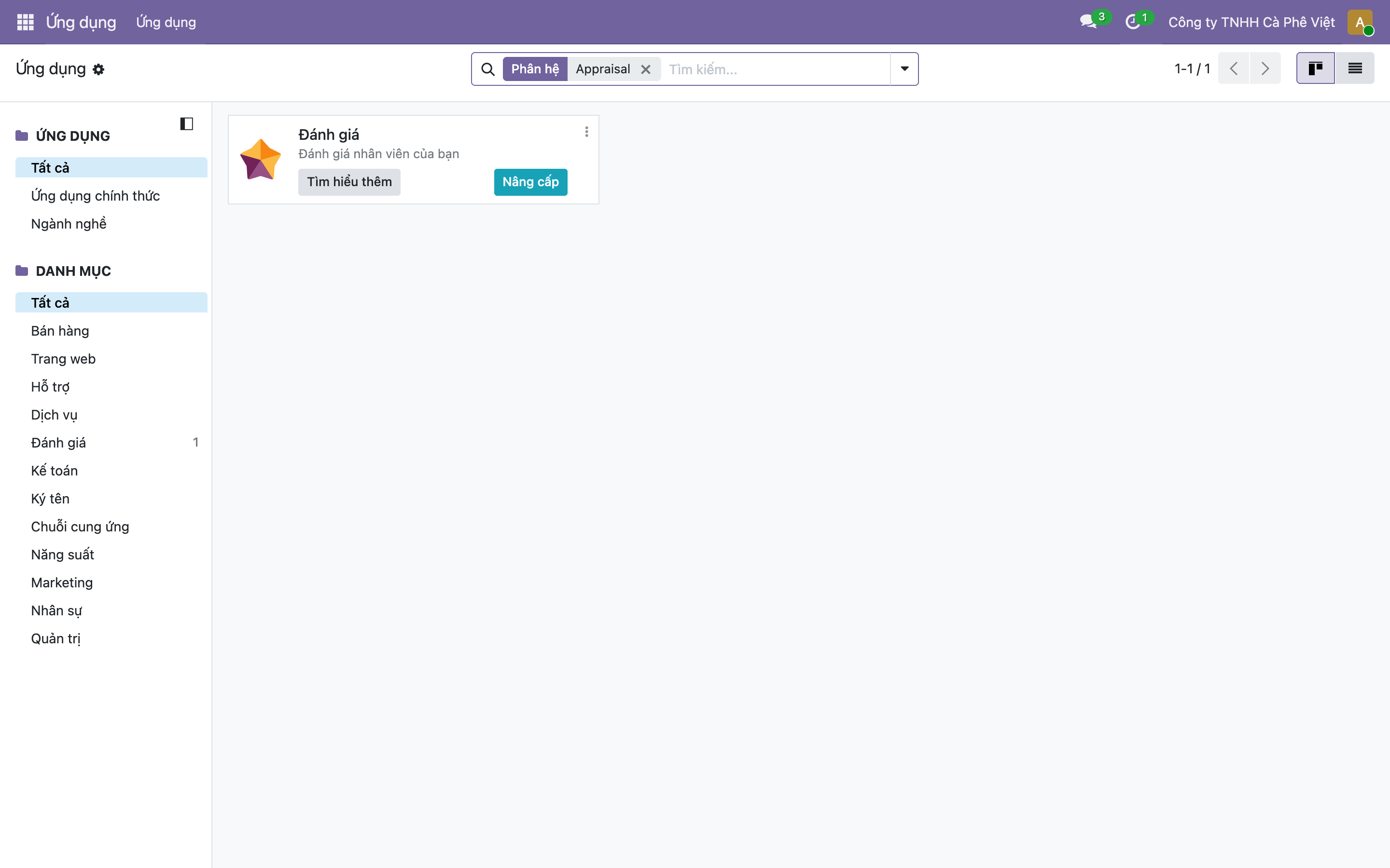 Màn hình Ứng dụng của Odoo tìm từ Appraisal, hiện đúng một app tên Đánh giá với mô tả Đánh giá nhân viên của bạn, có nút Tìm hiểu thêm và một nút Nâng cấp màu xanh