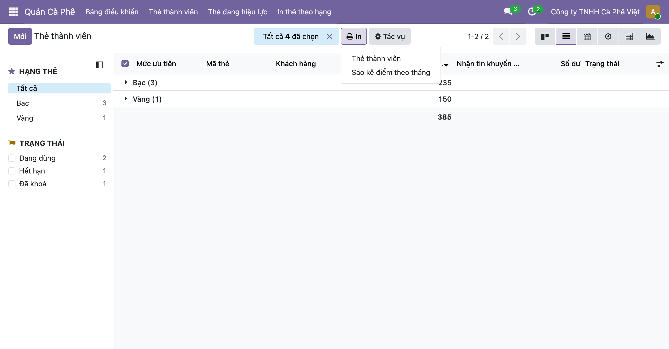Ảnh chụp giao diện danh sách Thẻ thành viên của Odoo, thanh trên ghi Tất cả 4 đã chọn, nút In đang mở dropdown liệt kê hai mục Thẻ thành viên và Sao kê điểm theo tháng, bên cạnh là nút Tác vụ chưa mở, danh sách nhóm theo hạng hiện Bạc mở ngoặc 3 và Vàng mở ngoặc 1