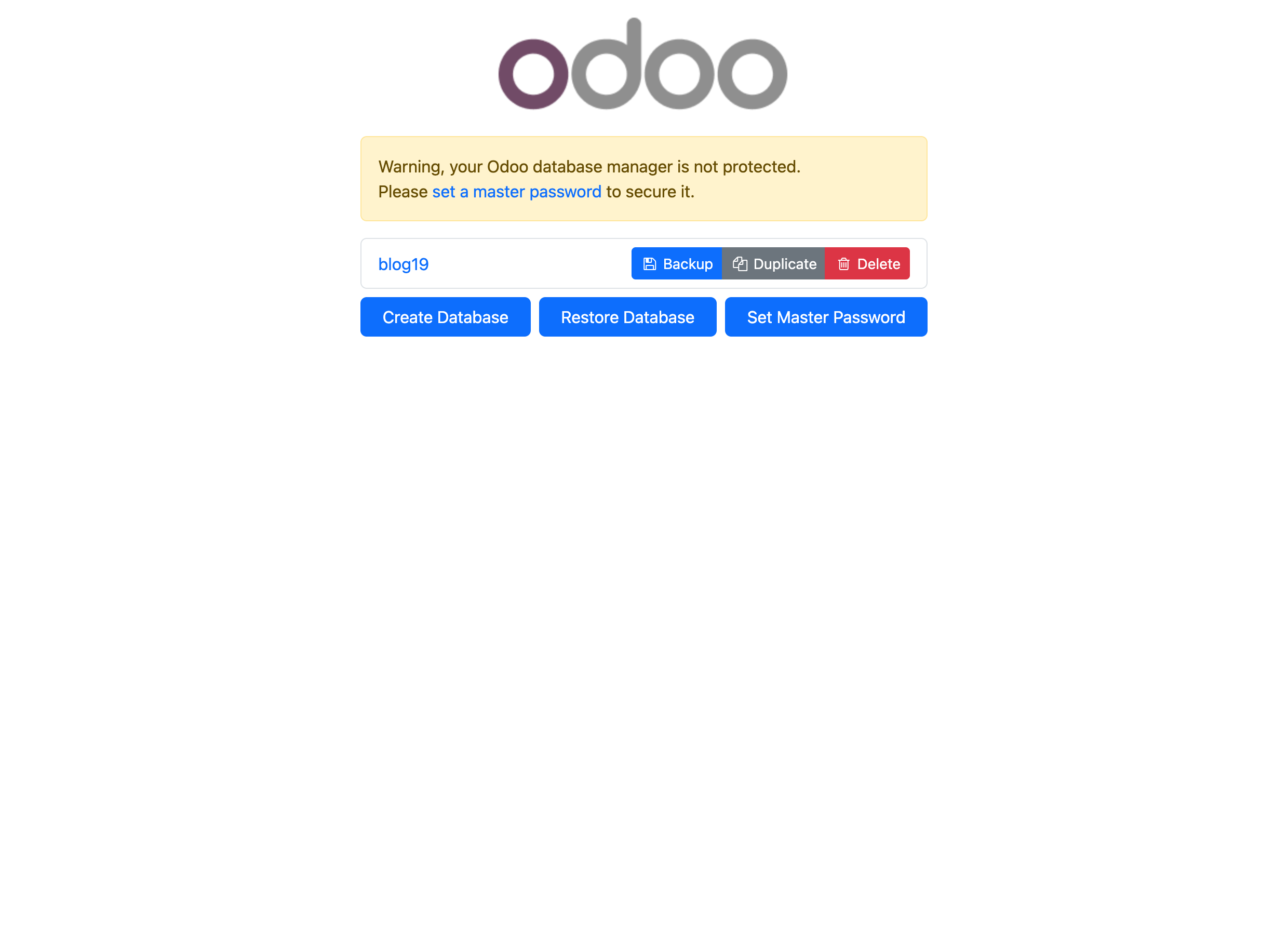 Trang Database Manager của Odoo liệt kê database blog19 với các nút Backup, Duplicate, Delete và Create/Restore Database
