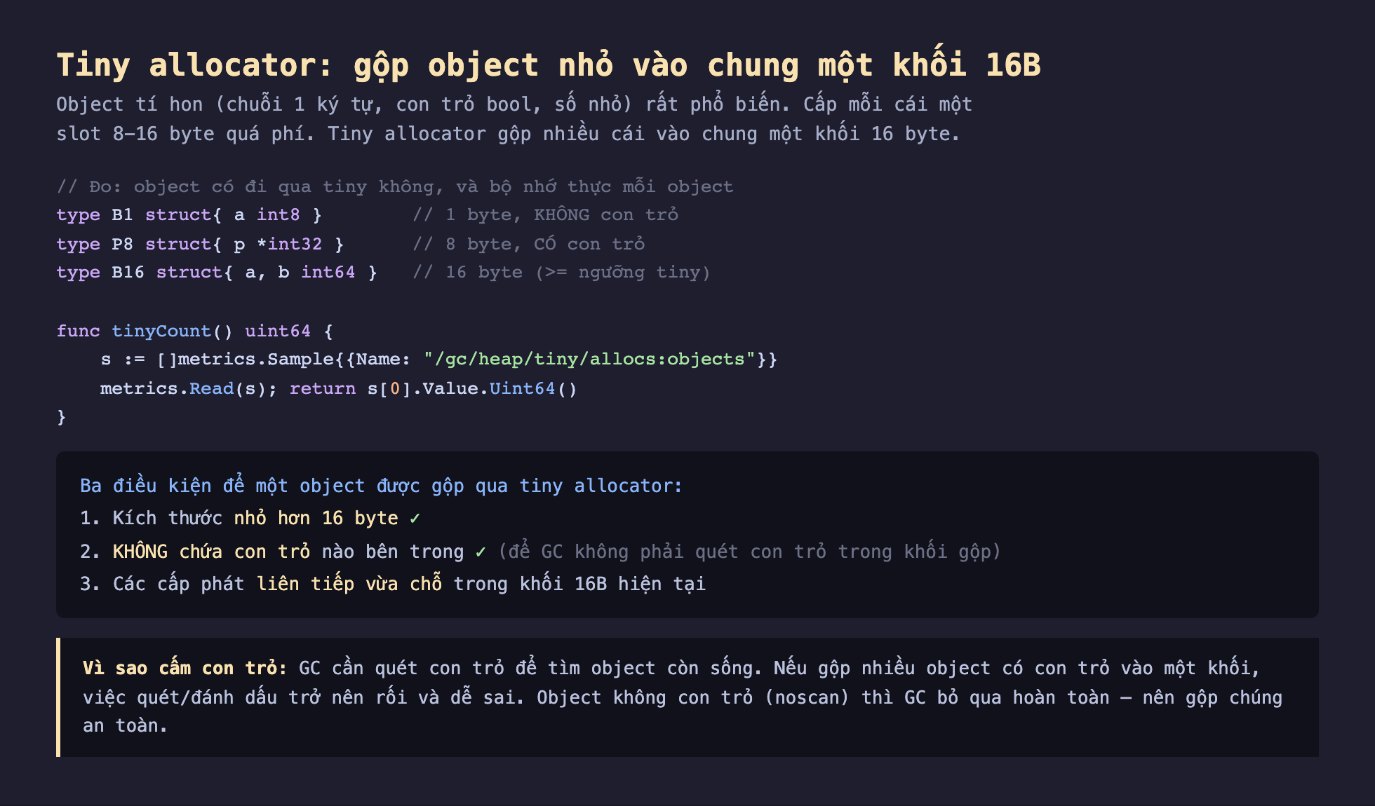 Ảnh chụp đoạn mã Go nền tối minh hoạ tiny allocator gộp object nhỏ vào chung một khối 16B, object tí hon chuỗi 1 ký tự con trỏ bool số nhỏ rất phổ biến cấp mỗi cái một slot 8 tới 16 byte quá phí tiny allocator gộp nhiều cái vào chung một khối 16 byte, đo object có đi qua tiny không và bộ nhớ thực mỗi object, type B1 struct a int8 1 byte không con trỏ, type P8 struct p con trỏ int32 8 byte có con trỏ, type B16 struct a b int64 16 byte bằng ngưỡng tiny, hàm tinyCount đọc metrics gc heap tiny allocs objects, ba điều kiện để một object được gộp qua tiny allocator kích thước nhỏ hơn 16 byte, không chứa con trỏ nào bên trong để GC không phải quét, các cấp phát liên tiếp vừa chỗ trong khối 16B hiện tại, vì sao cấm con trỏ GC cần quét con trỏ để tìm object còn sống nếu gộp nhiều object có con trỏ vào một khối việc quét đánh dấu trở nên rối object không con trỏ noscan thì GC bỏ qua hoàn toàn nên gộp an toàn