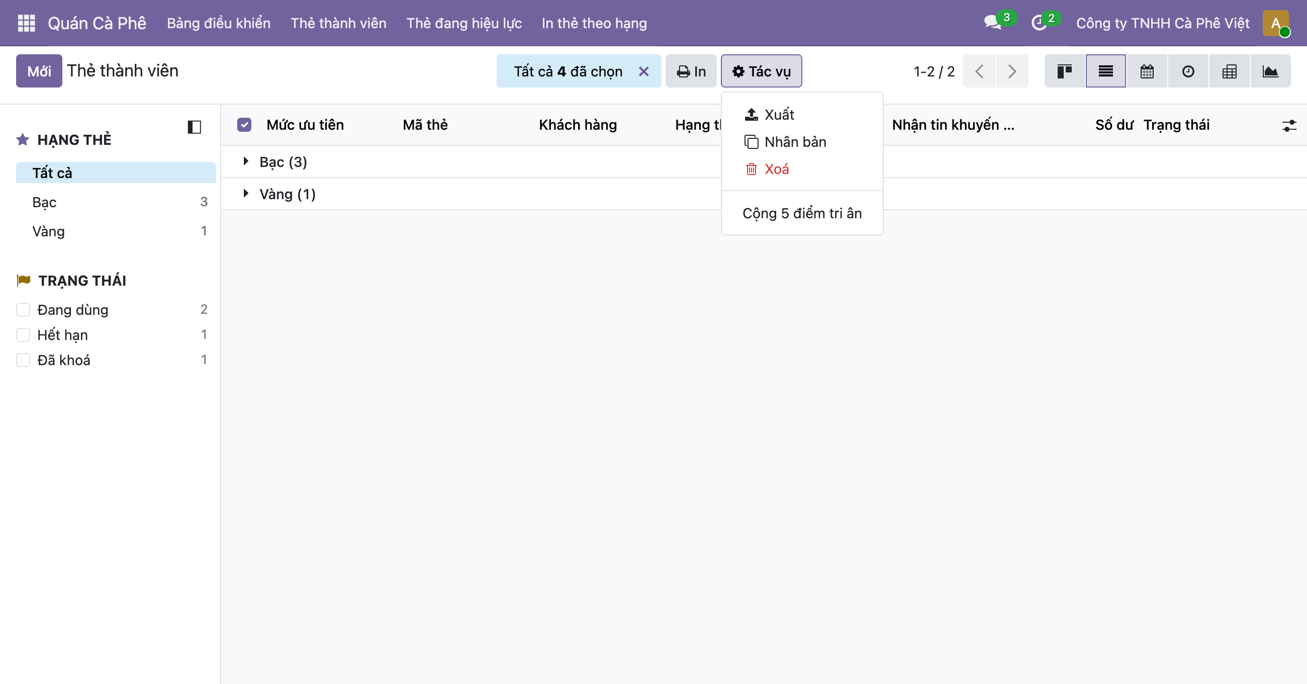 Ảnh chụp giao diện danh sách Thẻ thành viên của Odoo, thanh trên ghi Tất cả 4 đã chọn kèm nút In và nút Tác vụ, menu Tác vụ đang mở liệt kê Xuất, Nhân bản, Xoá màu đỏ, và ở nhóm dưới là Cộng 5 điểm tri ân; danh sách nhóm theo hạng hiện Bạc mở ngoặc 3 và Vàng mở ngoặc 1, khung tìm kiếm bên trái có HẠNG THẺ và TRẠNG THÁI