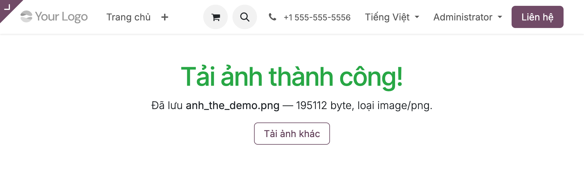 Ảnh chụp trang cảm ơn thật sau khi tải ảnh lên trên Odoo 19. Header website có Your Logo Trang chủ số điện thoại Tiếng Việt Administrator Liên hệ. Tiêu đề lớn màu xanh lá Tải ảnh thành công. Dòng chữ Đã lưu anh_the_demo.png in đậm gạch ngang 195112 byte loại image png. Một nút viền tím Tải ảnh khác