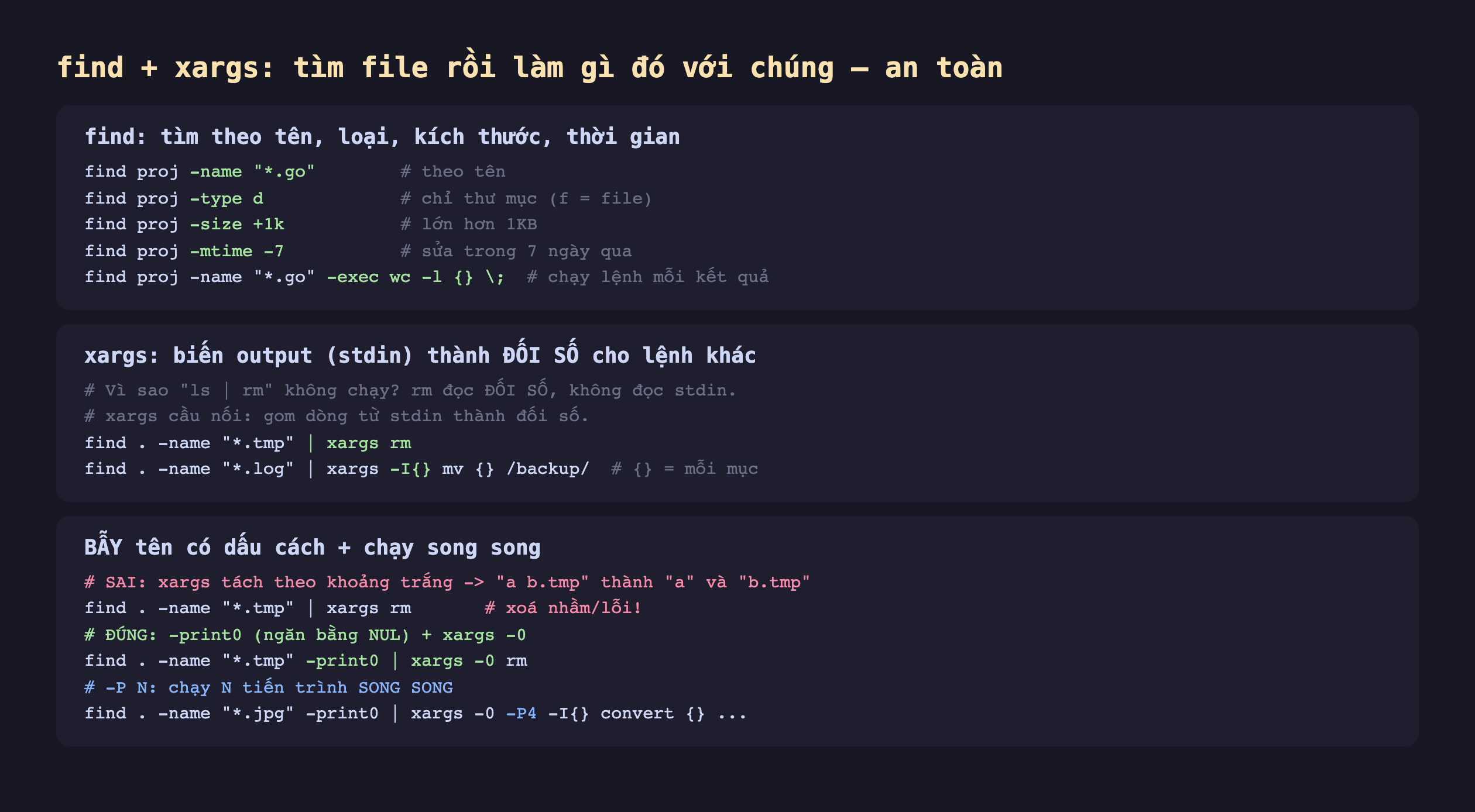 Ảnh chụp đoạn mã nền tối minh hoạ find cộng xargs tìm file rồi làm gì đó với chúng an toàn, find tìm theo tên loại kích thước thời gian find proj -name sao chấm go theo tên find proj -type d chỉ thư mục f là file find proj -size cộng 1k lớn hơn 1KB find proj -mtime trừ 7 sửa trong 7 ngày qua find proj -name sao go -exec wc -l ngoặc chạy lệnh mỗi kết quả, xargs biến output stdin thành đối số cho lệnh khác vì sao ls gạch rm không chạy rm đọc đối số không đọc stdin xargs cầu nối gom dòng từ stdin thành đối số find -name sao tmp gạch xargs rm find -name sao log gạch xargs -I ngoặc mv ngoặc backup ngoặc là mỗi mục, bẫy tên có dấu cách cộng chạy song song sai xargs tách theo khoảng trắng a b tmp thành a và b tmp find -name sao tmp gạch xargs rm xoá nhầm lỗi đúng -print0 ngăn bằng NUL cộng xargs -0 find -name sao tmp -print0 gạch xargs -0 rm -P N chạy N tiến trình song song find -name sao jpg -print0 gạch xargs -0 -P4