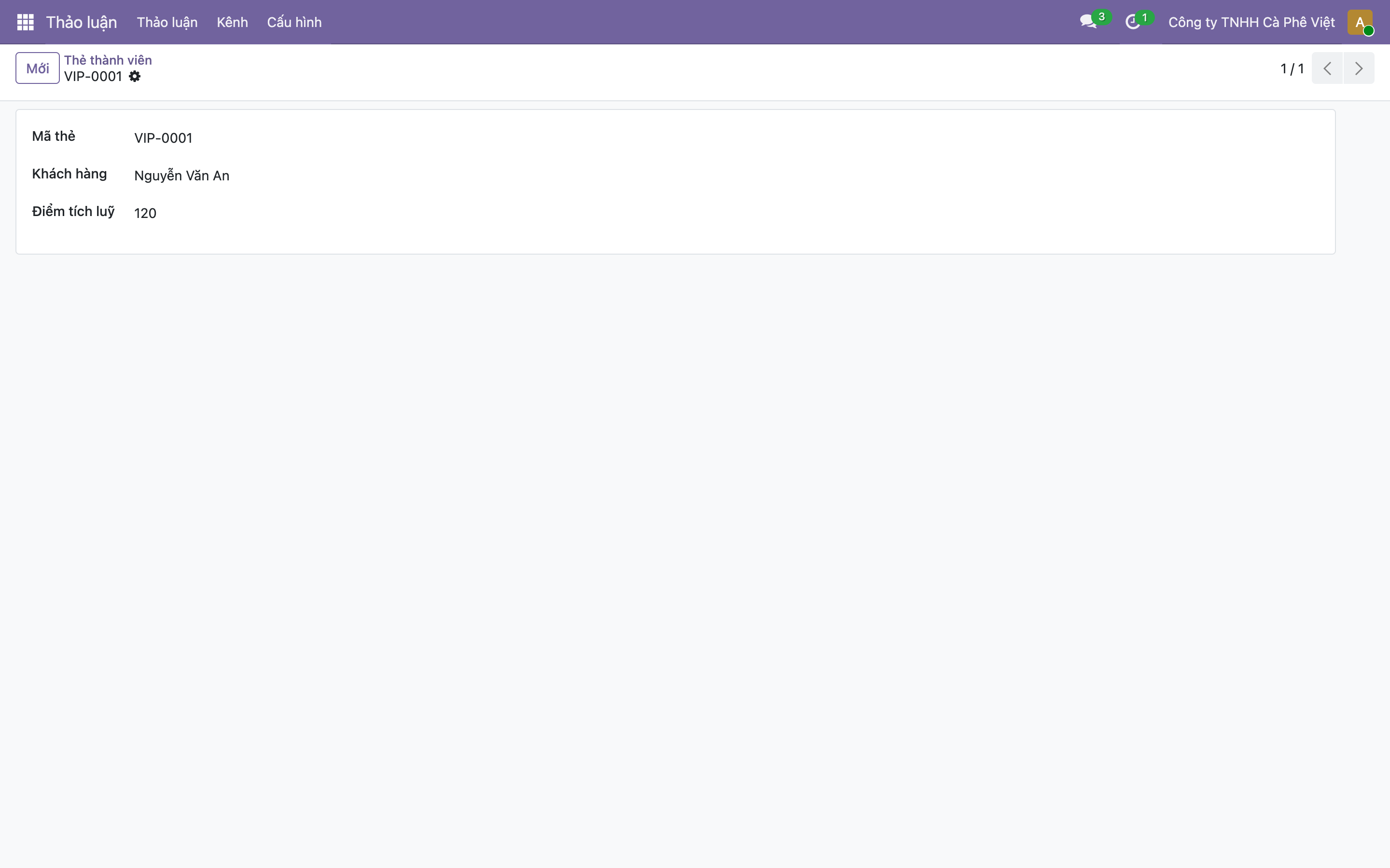 Form Thẻ thành viên VIP-0001 trong giao diện Odoo, hiển thị Mã thẻ VIP-0001, Khách hàng Nguyễn Văn An, Điểm tích luỹ 120
