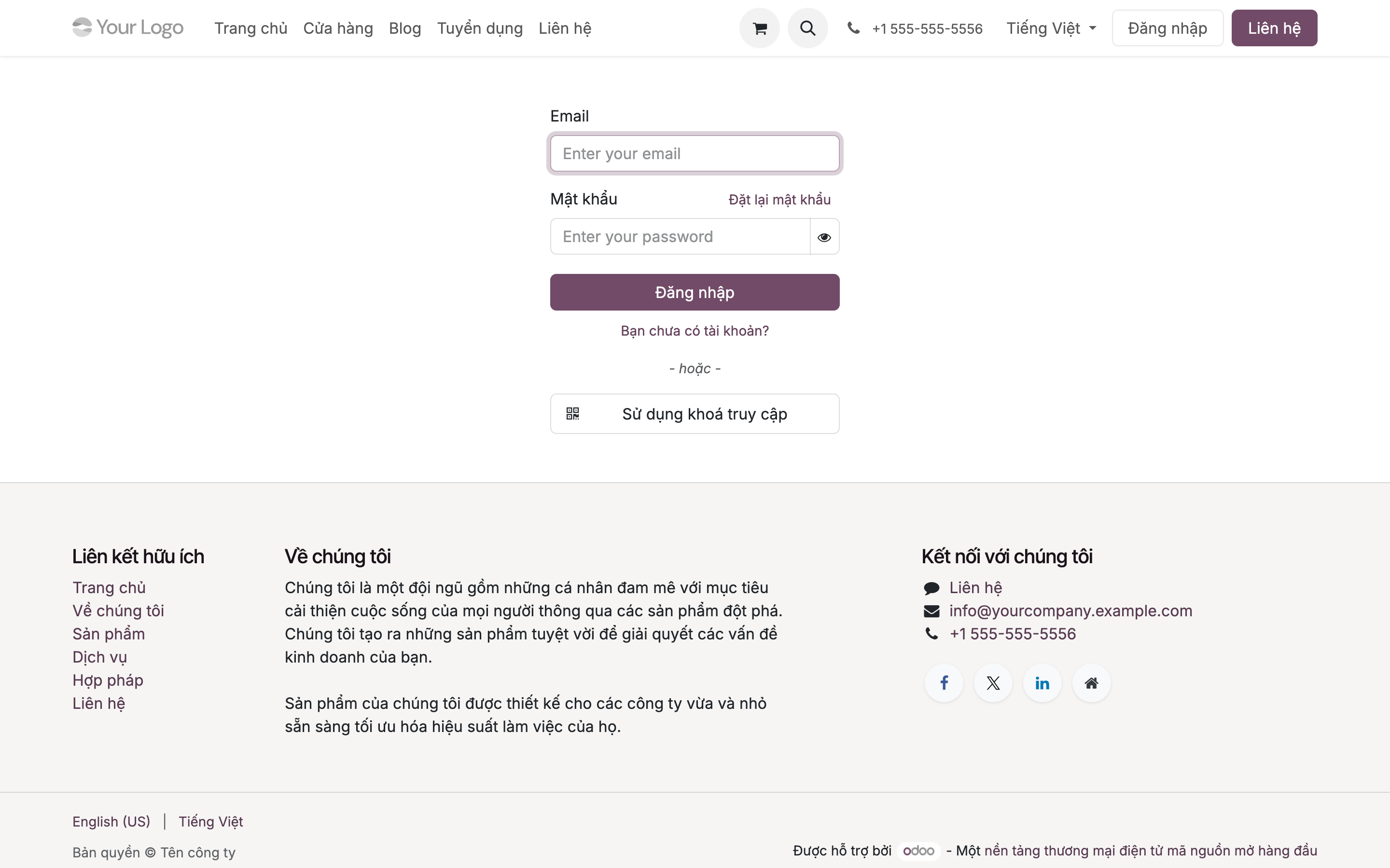 Trang đăng nhập website với ô Email, ô Mật khẩu kèm link Đặt lại mật khẩu, nút Đăng nhập, link Bạn chưa có tài khoản, và tùy chọn Sử dụng khoá truy cập