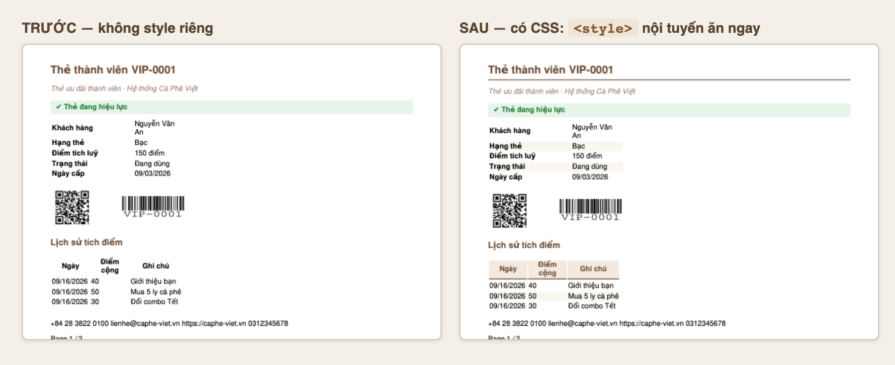 Ảnh so sánh hai trang PDF thẻ VIP-0001 cạnh nhau, bên trái nhãn TRƯỚC không style riêng có tiêu đề không gạch chân và đầu bảng lịch sử không nền, bên phải nhãn SAU có CSS style nội tuyến ăn ngay tiêu đề Thẻ thành viên có gạch chân đôi màu nâu, đầu bảng lịch sử nền kem chữ nâu viền dưới đậm, và bảng thông tin có các hàng chẵn tô nền nhạt kiểu sọc zebra