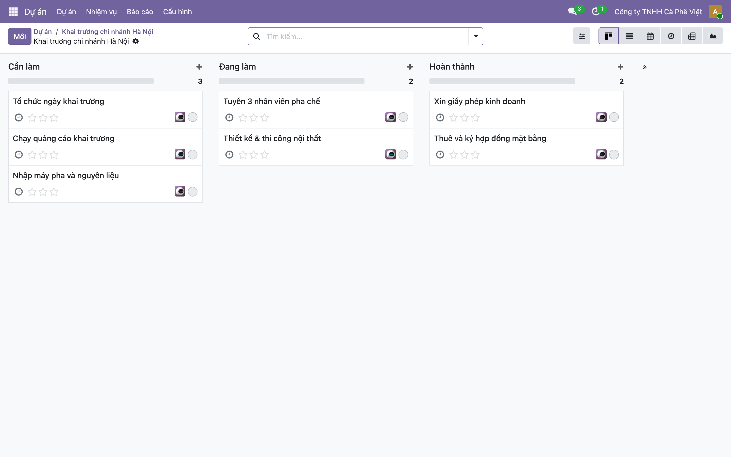 Bảng kanban nhiệm vụ của dự án Khai trương chi nhánh Hà Nội, chia ba cột: Cần làm có 3 nhiệm vụ (Tổ chức ngày khai trương, Chạy quảng cáo, Nhập máy pha), Đang làm có 2 (Tuyển 3 nhân viên pha chế, Thiết kế thi công nội thất), Hoàn thành có 2 (Xin giấy phép kinh doanh, Thuê ký hợp đồng mặt bằng)