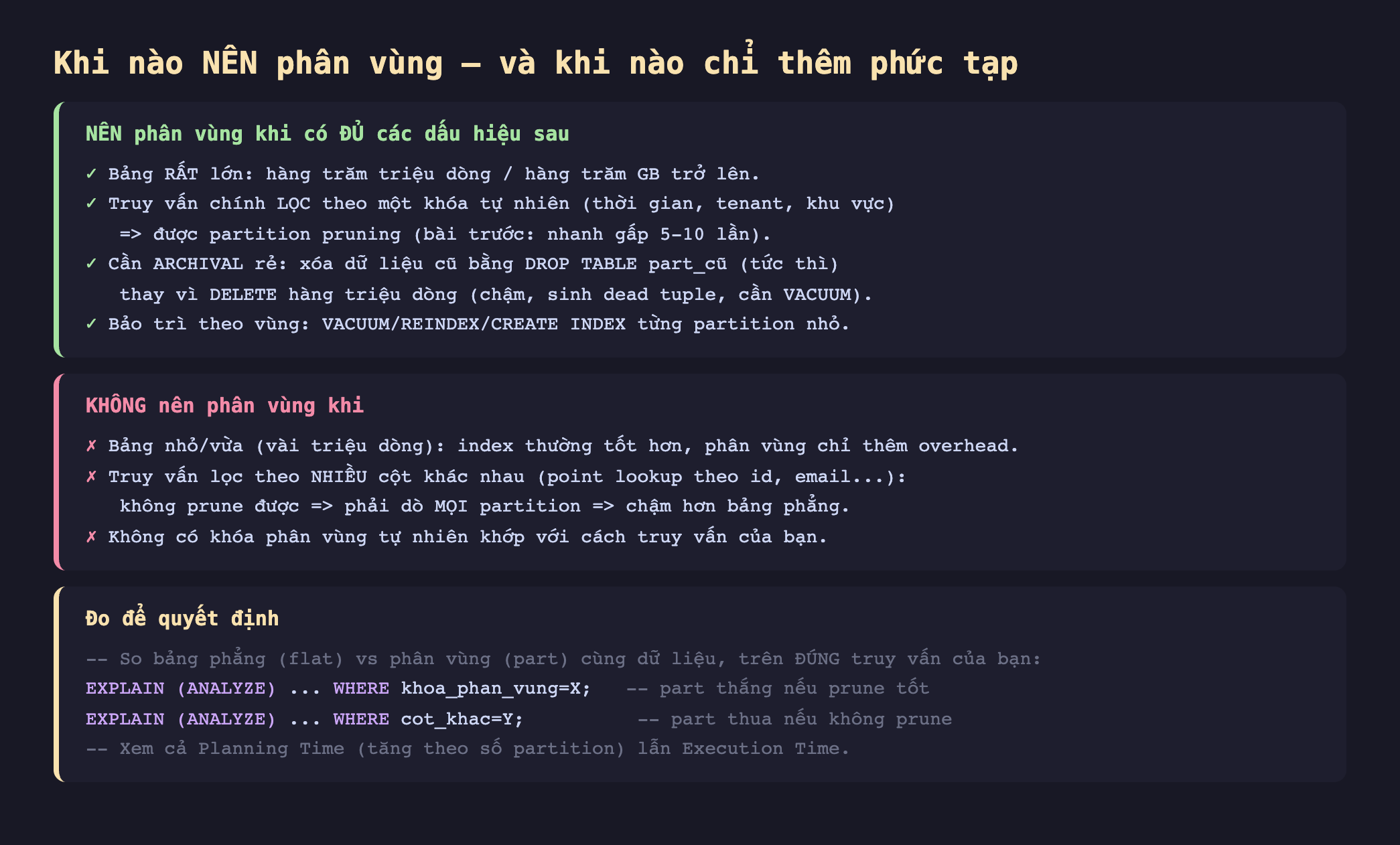 Ảnh chụp đoạn mã SQL nền tối minh hoạ khi nào nên phân vùng và khi nào chỉ thêm phức tạp, nên phân vùng khi có đủ các dấu hiệu bảng rất lớn hàng trăm triệu dòng hàng trăm GB trở lên truy vấn chính lọc theo một khóa tự nhiên thời gian tenant khu vực được partition pruning nhanh gấp 5-10 lần cần archival rẻ xóa dữ liệu cũ bằng DROP TABLE part cũ tức thì thay vì DELETE hàng triệu dòng chậm sinh dead tuple cần VACUUM bảo trì theo vùng VACUUM REINDEX CREATE INDEX từng partition nhỏ, không nên phân vùng khi bảng nhỏ vừa vài triệu dòng index thường tốt hơn phân vùng chỉ thêm overhead truy vấn lọc theo nhiều cột khác nhau point lookup theo id email không prune được phải dò mọi partition chậm hơn bảng phẳng không có khóa phân vùng tự nhiên khớp với cách truy vấn của bạn, đo để quyết định so bảng phẳng flat vs phân vùng part cùng dữ liệu trên đúng truy vấn của bạn EXPLAIN ANALYZE WHERE khoa_phan_vung bằng X part thắng nếu prune tốt EXPLAIN ANALYZE WHERE cot_khac bằng Y part thua nếu không prune xem cả Planning Time tăng theo số partition lẫn Execution Time