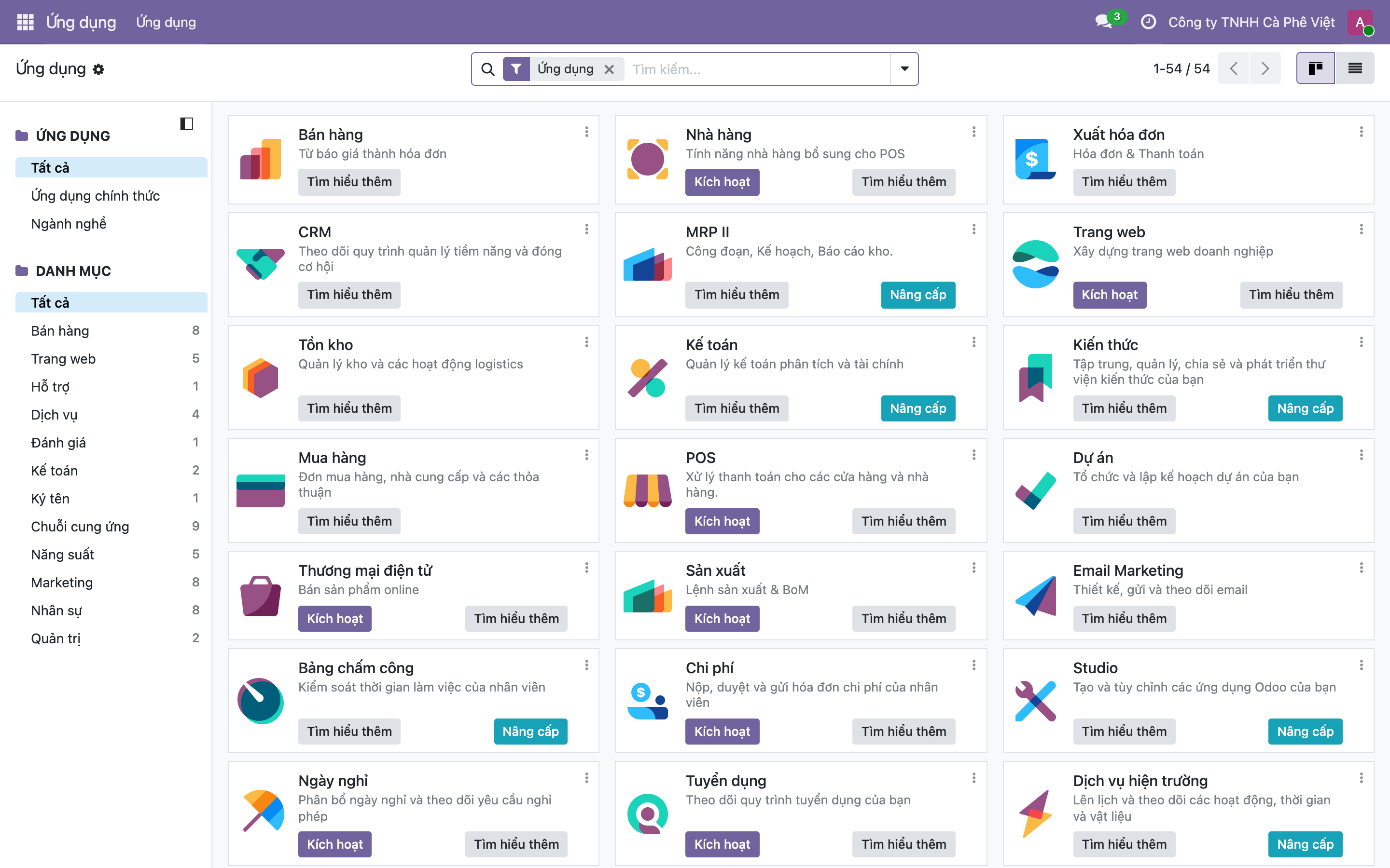 Trang Ứng dụng của Odoo, card Kế toán mô tả Quản lý kế toán phân tích và tài chính có nút Nâng cấp, còn card Xuất hóa đơn chỉ có Tìm hiểu thêm