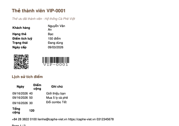 Ảnh chụp trang PDF khổ A5 ngang thẻ thành viên VIP-0001, dưới bảng thông tin khách hàng có một mã QR vuông đặc nét bên trái và một mã vạch Code128 bên phải với chuỗi VIP-0001 in rõ bên dưới các vạch, tiếp đến là bảng lịch sử tích điểm ba dòng và chân trang thông tin công ty