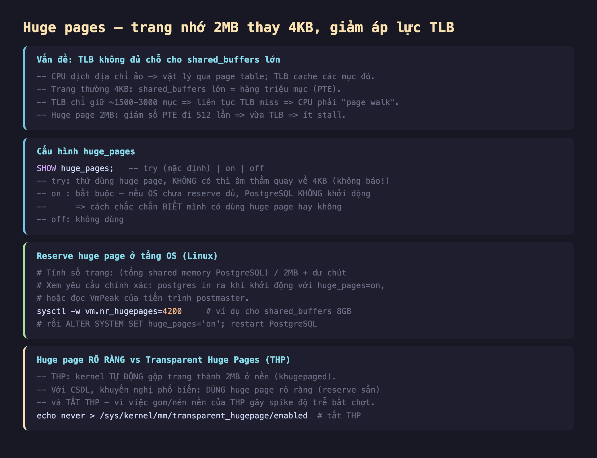 Ảnh chụp đoạn mã SQL nền tối minh hoạ huge pages trang nhớ 2MB thay 4KB giảm áp lực TLB, vấn đề TLB không đủ chỗ cho shared_buffers lớn CPU dịch địa chỉ ảo sang vật lý qua page table TLB cache các mục đó trang thường 4KB shared_buffers lớn hàng triệu mục PTE TLB chỉ giữ khoảng 1500-3000 mục liên tục TLB miss CPU phải page walk huge page 2MB giảm số PTE đi 512 lần vừa TLB ít stall, cấu hình huge_pages SHOW huge_pages try mặc định on off try thử dùng huge page không có thì âm thầm quay về 4KB không báo on bắt buộc nếu OS chưa reserve đủ PostgreSQL không khởi động cách chắc chắn biết mình có dùng huge page hay không off không dùng, reserve huge page ở tầng OS Linux tính số trang tổng shared memory PostgreSQL chia 2MB dư chút xem yêu cầu chính xác postgres in ra khi khởi động với huge_pages on hoặc đọc VmPeak của tiến trình postmaster sysctl w vm.nr_hugepages 4200 ví dụ cho shared_buffers 8GB rồi ALTER SYSTEM SET huge_pages on restart PostgreSQL, huge page rõ ràng vs transparent huge pages THP THP kernel tự động gộp trang thành 2MB ở nền khugepaged với CSDL khuyến nghị phổ biến dùng huge page rõ ràng reserve sẵn và tắt THP vì việc gom nén nền của THP gây spike độ trễ bất chợt echo never vào transparent_hugepage enabled tắt THP