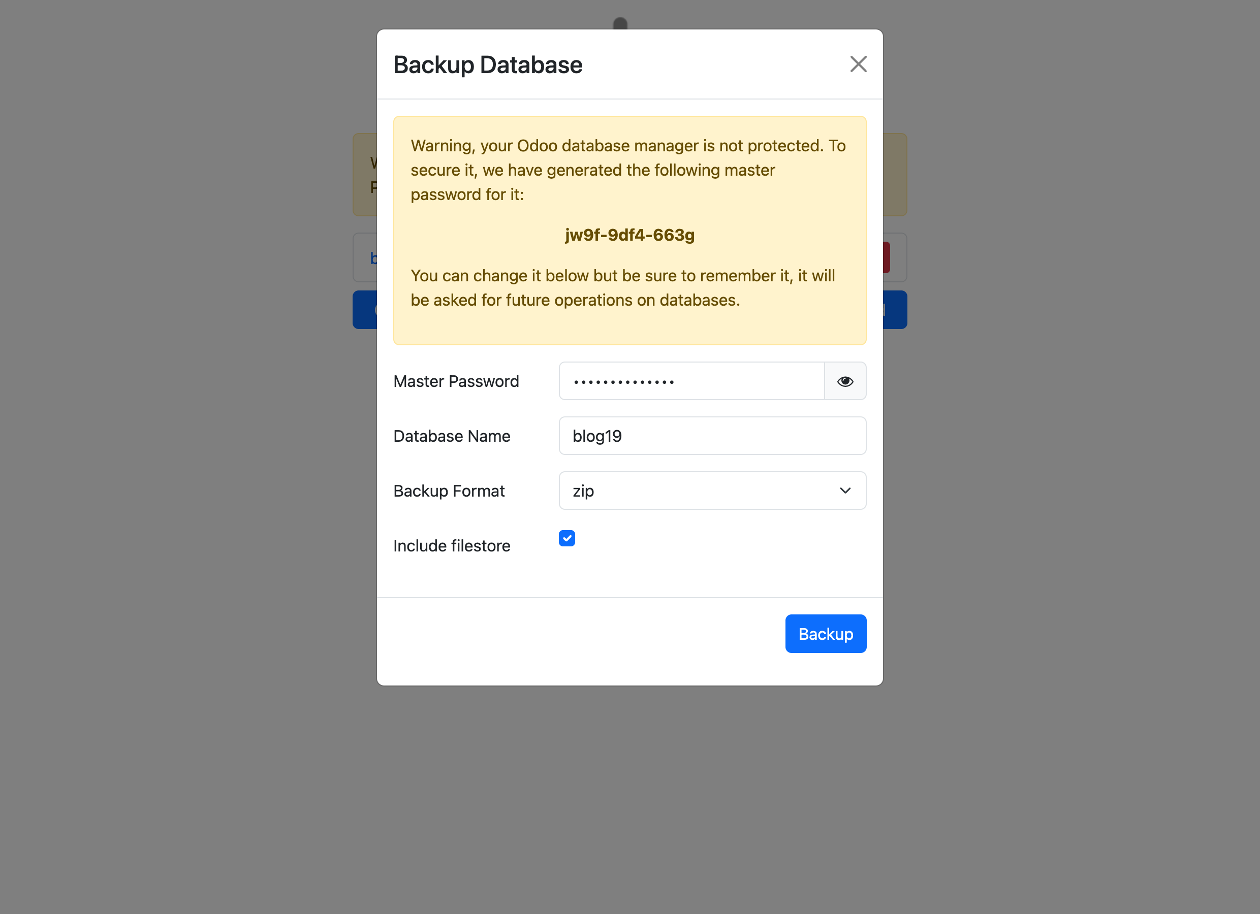 Hộp thoại Backup Database với Master Password, Database Name blog19, Backup Format zip và ô Include filestore được tick