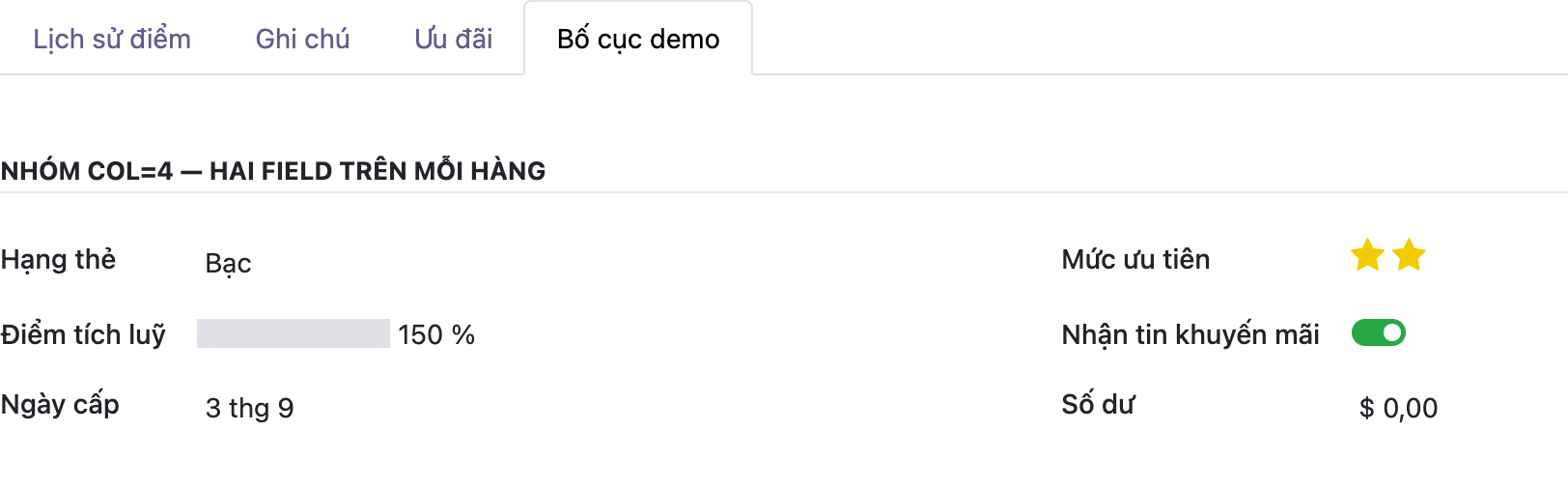 Ảnh chụp giao diện Odoo thật tab Bố cục demo, nhóm tiêu đề Nhóm col bằng 4 hai field trên mỗi hàng, xếp ba hàng mỗi hàng hai field: Hạng thẻ Bạc cạnh Mức ưu tiên hai sao, Điểm tích luỹ 150 phần trăm cạnh Nhận tin khuyến mãi công tắc bật, Ngày cấp 3 tháng 9 cạnh Số dư 0