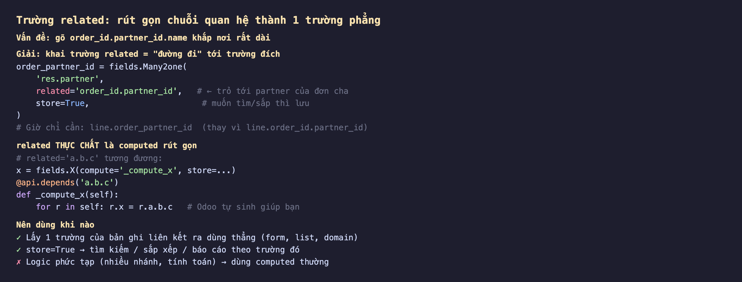 Trường related trong Odoo 19 rút gọn chuỗi quan hệ thành một trường phẳng: vấn đề là gõ order_id.partner_id.name khắp nơi rất dài; giải pháp khai trường related bằng đường đi tới trường đích, order_partner_id bằng fields.Many2one res.partner với related bằng order_id.partner_id trỏ tới partner của đơn cha, store True muốn tìm sắp thì lưu, giờ chỉ cần line.order_partner_id thay vì line.order_id.partner_id; related thực chất là computed rút gọn, related a.b.c tương đương fields.X compute _compute_x store, api.depends a.b.c, def _compute_x self for r in self r.x bằng r.a.b.c Odoo tự sinh giúp bạn; nên dùng khi lấy một trường của bản ghi liên kết ra dùng thẳng trong form list domain, store True để tìm kiếm sắp xếp báo cáo, không nên khi logic phức tạp nhiều nhánh tính toán thì dùng computed thường