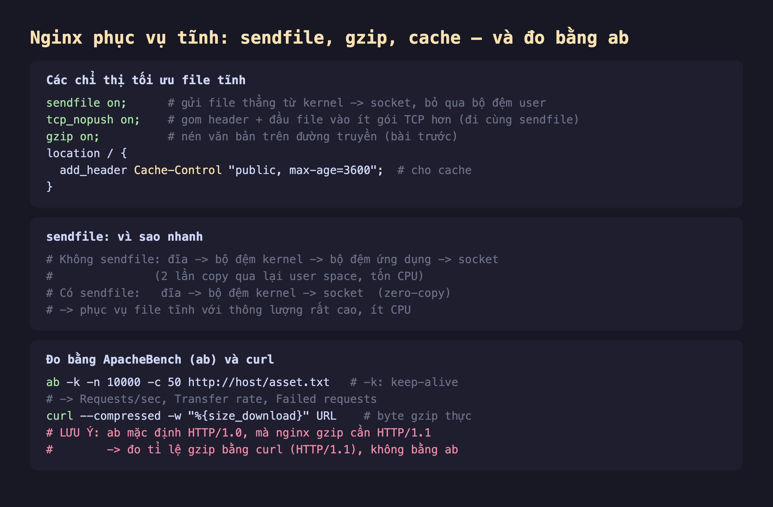 Ảnh chụp đoạn mã nền tối giải thích nginx phục vụ tĩnh sendfile gzip cache và đo bằng ab, các chỉ thị tối ưu file tĩnh sendfile on gửi file thẳng từ kernel ra socket bỏ qua bộ đệm user, tcp_nopush on gom header và đầu file vào ít gói TCP hơn đi cùng sendfile, gzip on nén văn bản trên đường truyền, location add_header Cache-Control public max-age 3600 cho cache, sendfile vì sao nhanh không sendfile đĩa tới bộ đệm kernel tới bộ đệm ứng dụng tới socket hai lần copy qua user space tốn CPU có sendfile đĩa tới bộ đệm kernel tới socket zero-copy phục vụ file tĩnh thông lượng rất cao ít CPU, đo bằng ApacheBench ab và curl ab -k -n 10000 -c 50 keep-alive Requests per second Transfer rate Failed requests curl --compressed size_download byte gzip thực lưu ý ab mặc định HTTP/1.0 mà nginx gzip cần HTTP/1.1 nên đo tỉ lệ gzip bằng curl không bằng ab