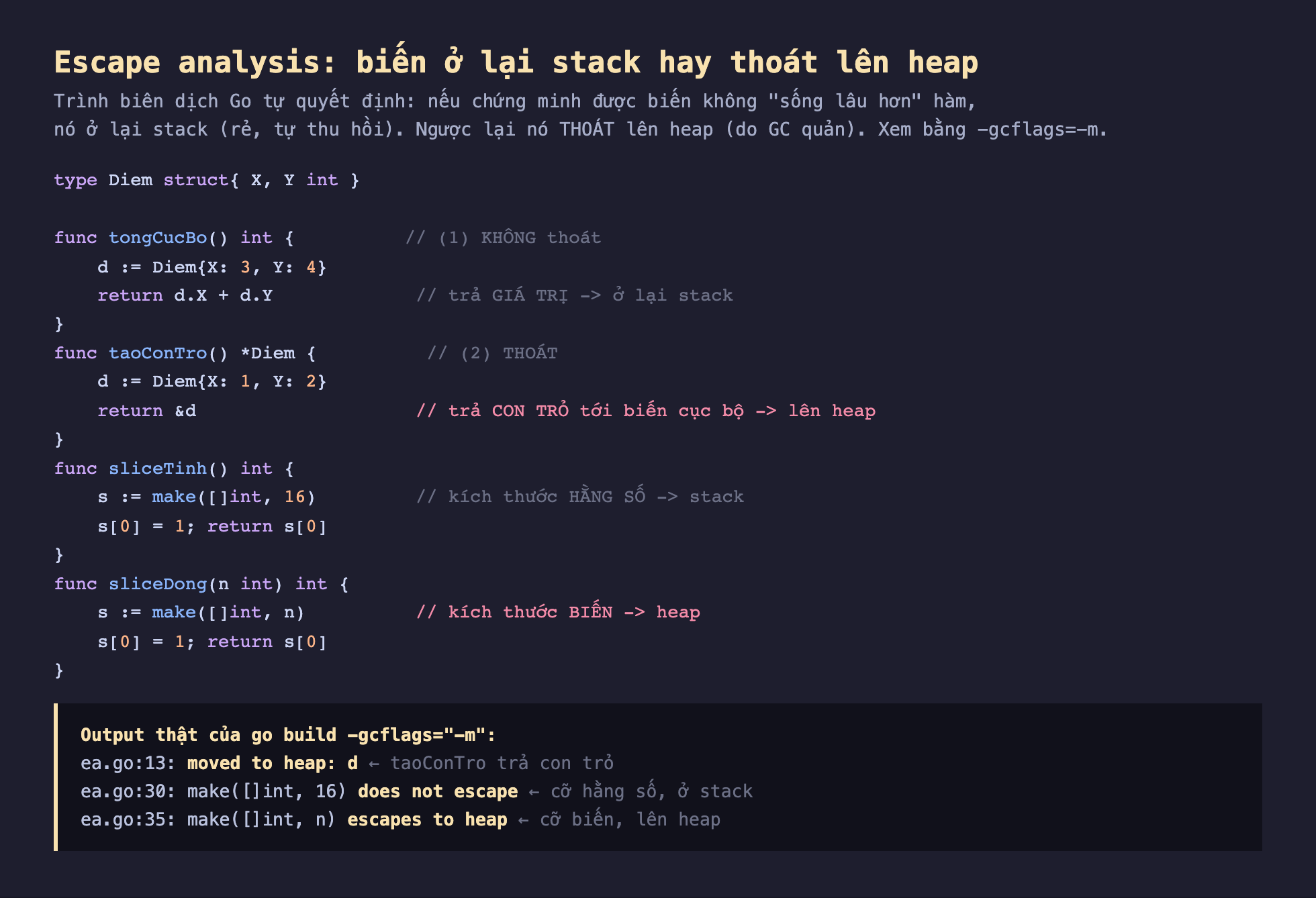 Ảnh chụp đoạn mã Go nền tối minh hoạ escape analysis biến ở lại stack hay thoát lên heap, type Diem struct X Y int, hàm tongCucBo không thoát tạo d Diem trả về d.X cộng d.Y trả giá trị ở lại stack, hàm taoConTro thoát tạo d Diem trả về địa chỉ và d trả con trỏ tới biến cục bộ lên heap, hàm sliceTinh make int 16 kích thước hằng số ở stack, hàm sliceDong make int n kích thước biến lên heap, output thật của go build gcflags dấu m ea.go dòng 13 moved to heap d taoConTro trả con trỏ, make int 16 does not escape cỡ hằng số ở stack, make int n escapes to heap cỡ biến lên heap