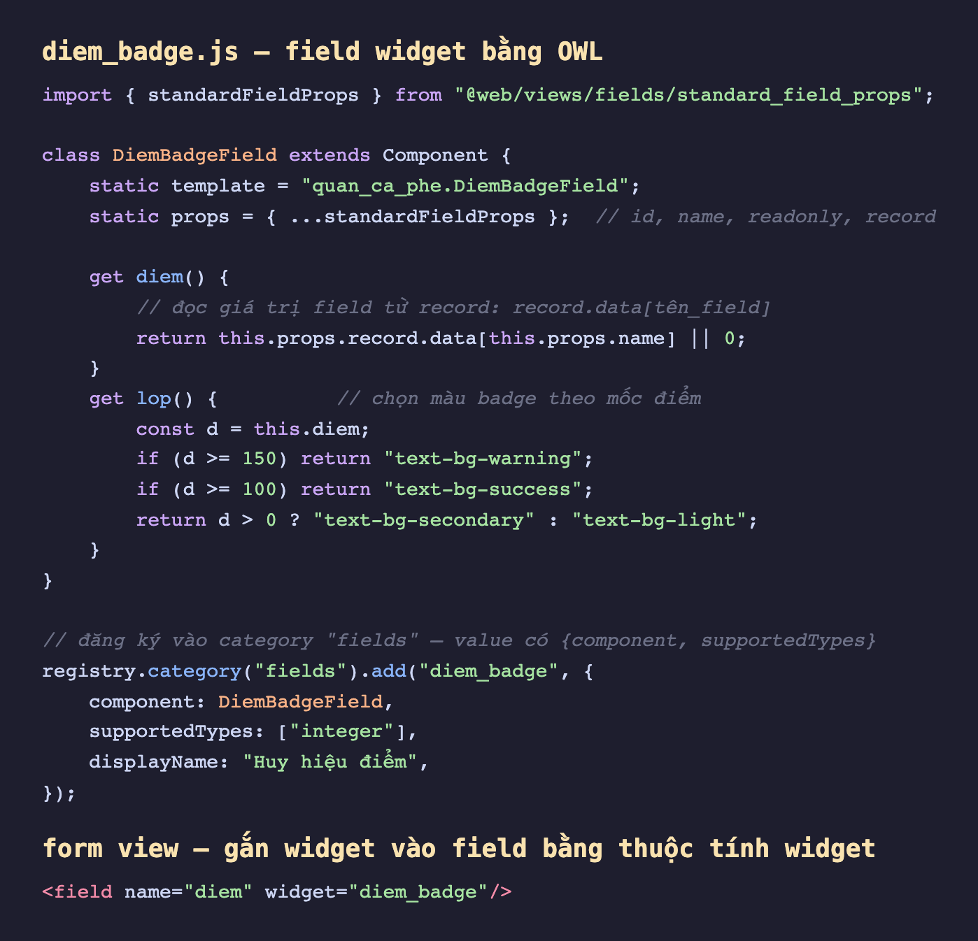 Ảnh chụp hai đoạn mã nền tối. Đoạn trên là file diem_badge js import standardFieldProps từ web views fields standard_field_props, định nghĩa lớp DiemBadgeField kế thừa Component với template quan_ca_phe DiemBadgeField và static props trải standardFieldProps gồm id name readonly record, một getter diem đọc giá trị từ props record data theo props name, một getter lop chọn lớp màu text-bg-warning khi điểm từ 150, text-bg-success khi từ 100, text-bg-secondary khi lớn hơn 0 và text-bg-light khi bằng 0, rồi đăng ký registry category fields add diem_badge với object gồm component DiemBadgeField supportedTypes integer và displayName Huy hiệu điểm. Đoạn dưới là dòng view form gắn field diem với thuộc tính widget diem_badge