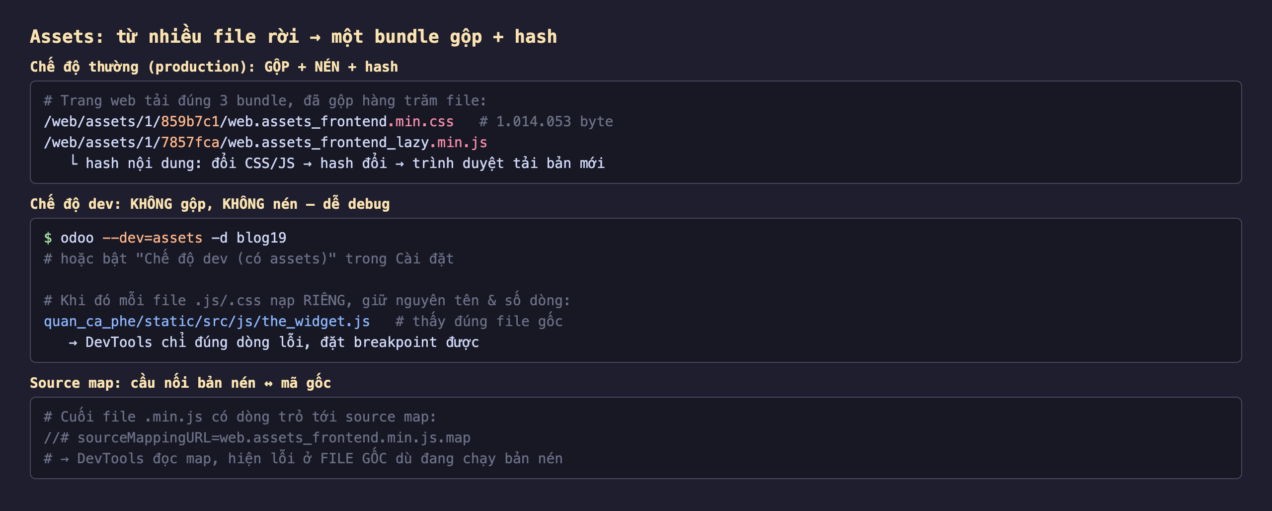 Sơ đồ assets Odoo 19 từ nhiều file rời thành một bundle gộp và nén kèm hash: ở chế độ production trang web tải đúng ba bundle đã gộp hàng trăm file, ví dụ đường dẫn web assets 1 gạch chéo 859b7c1 gạch chéo web.assets_frontend.min.css nặng 1.014.053 byte và web.assets_frontend_lazy.min.js, trong đó đoạn 859b7c1 là hash nội dung nên đổi CSS hoặc JS thì hash đổi khiến trình duyệt tải bản mới; ở chế độ dev bật bằng cờ dev bằng assets thì mỗi file js và css nạp riêng giữ nguyên tên và số dòng nên DevTools chỉ đúng dòng lỗi và đặt breakpoint được, ví dụ file quan_ca_phe static src js the_widget.js hiện đúng file gốc; source map là cầu nối giữa bản nén và mã gốc qua dòng sourceMappingURL ở cuối file min.js giúp DevTools hiện lỗi ở file gốc dù đang chạy bản nén