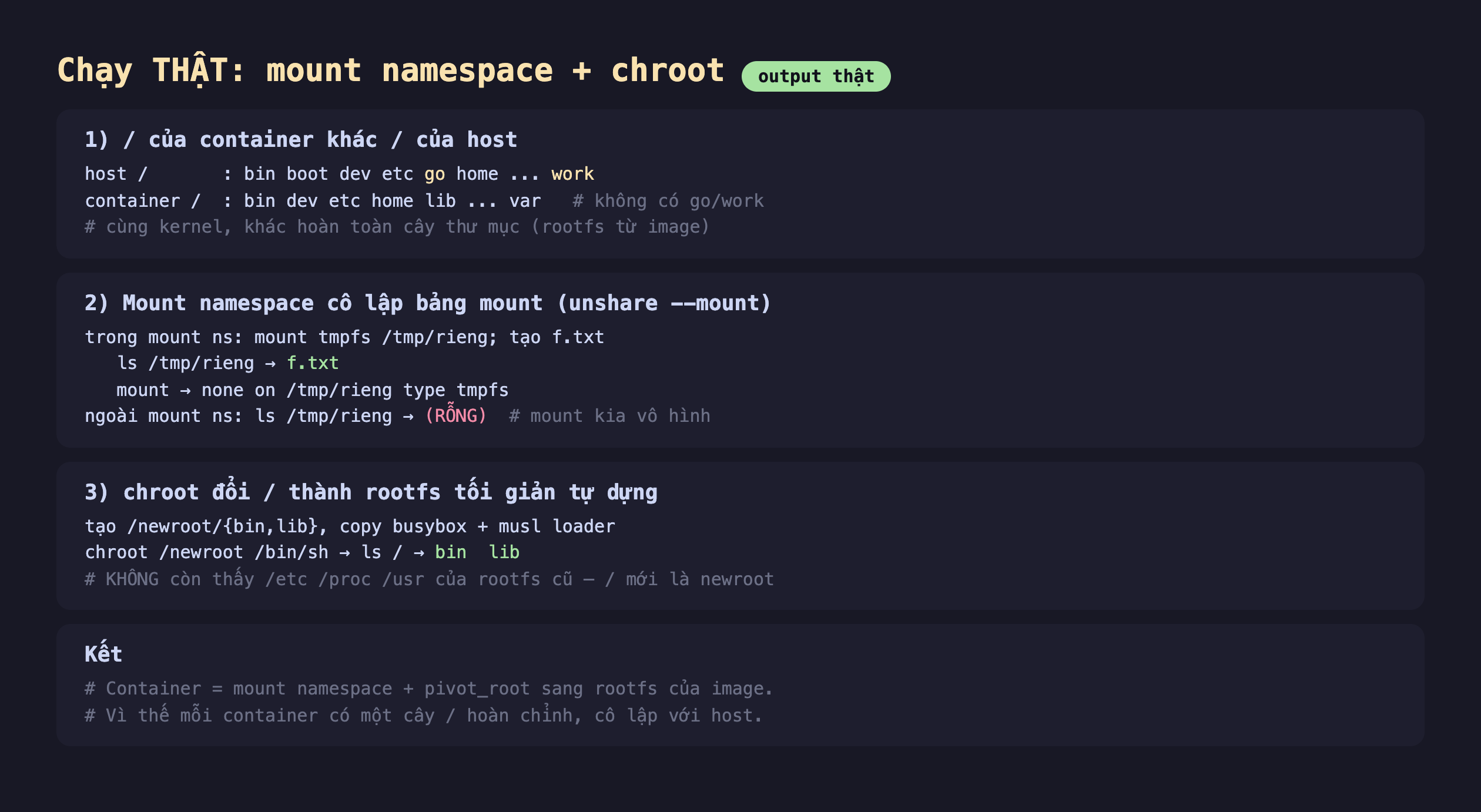 Ảnh chụp bảng kết quả chạy thật mount namespace cộng chroot output thật, một của container khác của host host bin boot dev etc go home work container bin dev etc home lib var không có go work cùng kernel khác hoàn toàn cây thư mục rootfs từ image, hai mount namespace cô lập bảng mount unshare --mount trong mount ns mount tmpfs tmp rieng tạo f.txt ls tmp rieng ra f.txt mount ra none on tmp rieng type tmpfs ngoài mount ns ls tmp rieng ra rỗng mount kia vô hình, ba chroot đổi thành rootfs tối giản tự dựng tạo newroot bin lib copy busybox cộng musl loader chroot newroot bin sh ls ra bin lib không còn thấy etc proc usr của rootfs cũ mới là newroot, kết container bằng mount namespace cộng pivot_root sang rootfs của image vì thế mỗi container có một cây hoàn chỉnh cô lập với host