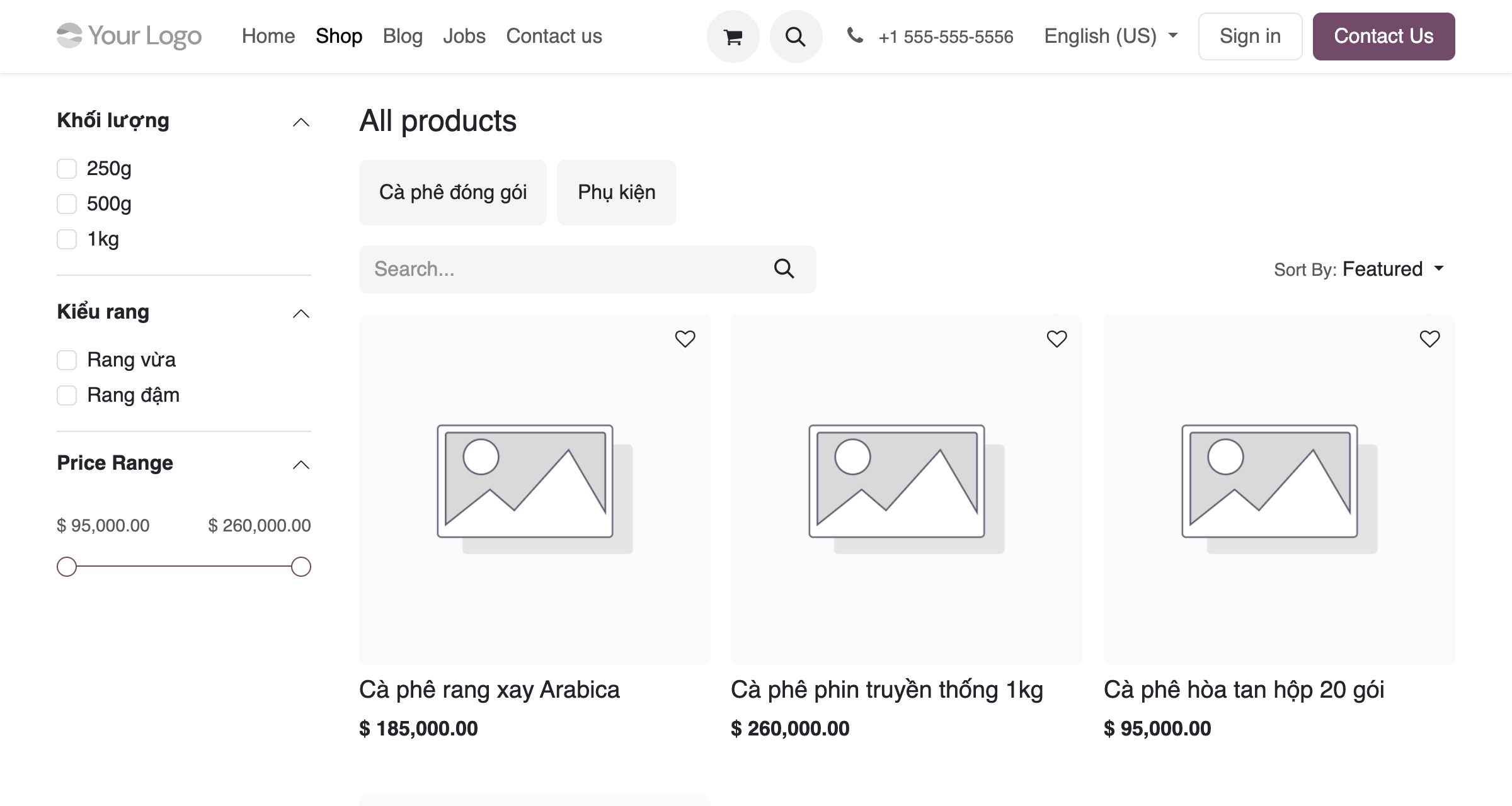 Ảnh chụp trang shop thật trên Odoo 19 với theme mặc định. Header Your Logo, menu Home Shop Blog Jobs Contact us, nút Contact Us màu tím. Tiêu đề All products, các chip lọc Cà phê đóng gói Phụ kiện, ô Search, bộ lọc bên trái Khối lượng 250g 500g 1kg, Kiểu rang Rang vừa Rang đậm, Price Range với thanh trượt màu tím từ 95000 đến 260000. Ba sản phẩm Cà phê rang xay Arabica 185000, Cà phê phin truyền thống 1kg 260000, Cà phê hòa tan hộp 20 gói 95000