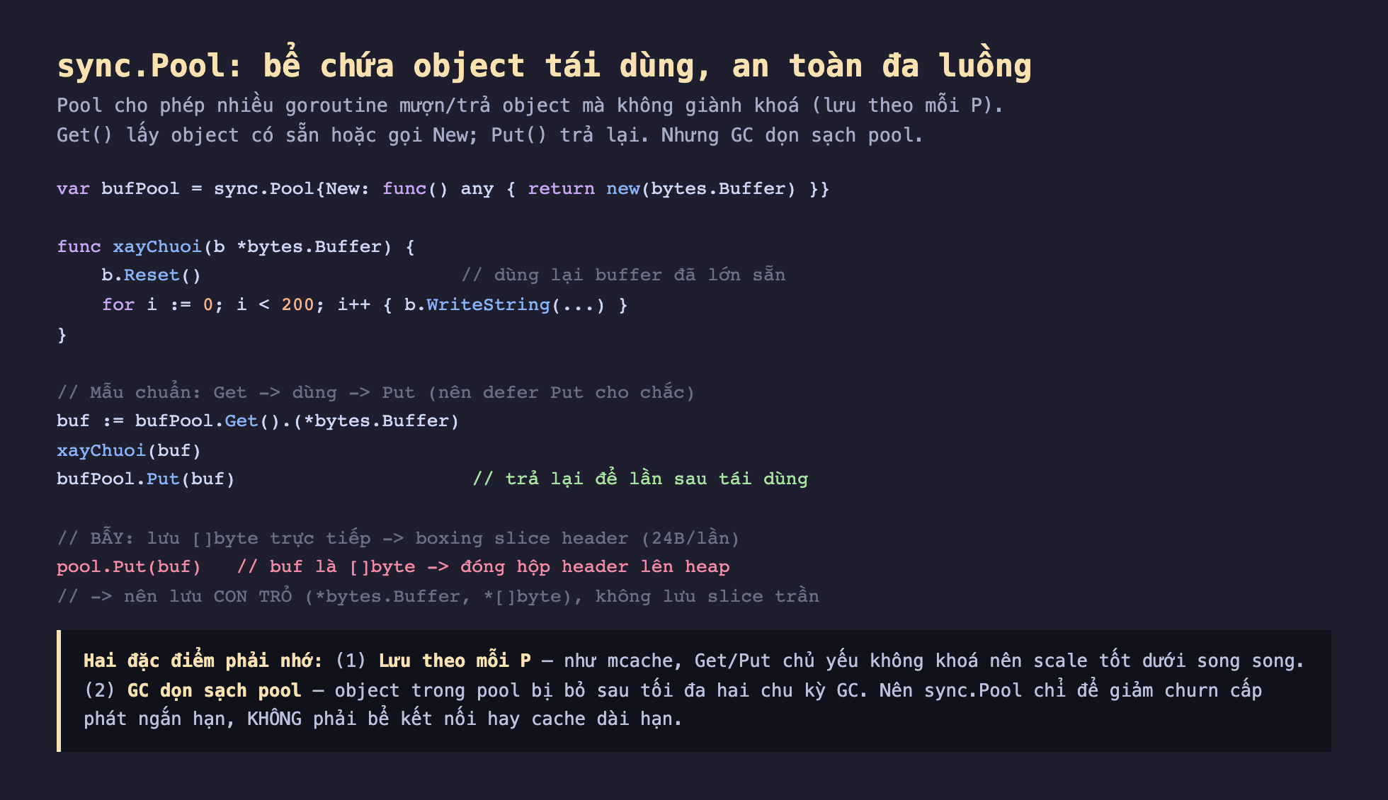 Ảnh chụp đoạn mã Go nền tối minh hoạ sync.Pool bể chứa object tái dùng an toàn đa luồng, pool cho phép nhiều goroutine mượn trả object mà không giành khoá lưu theo mỗi P Get lấy object có sẵn hoặc gọi New Put trả lại nhưng GC dọn sạch pool, var bufPool sync.Pool New func any return new bytes.Buffer, hàm xayChuoi b con trỏ bytes.Buffer b.Reset dùng lại buffer đã lớn sẵn for i 200 lần b.WriteString, mẫu chuẩn Get dùng Put nên defer Put cho chắc buf bằng bufPool.Get ép kiểu con trỏ bytes.Buffer xayChuoi buf bufPool.Put buf trả lại để lần sau tái dùng, bẫy lưu byte trực tiếp boxing slice header 24 byte mỗi lần pool.Put buf là byte đóng hộp header lên heap nên lưu con trỏ không lưu slice trần, hai đặc điểm phải nhớ lưu theo mỗi P như mcache Get Put chủ yếu không khoá scale tốt song song, GC dọn sạch pool object trong pool bị bỏ sau tối đa hai chu kỳ GC nên sync.Pool chỉ để giảm churn cấp phát ngắn hạn không phải bể kết nối hay cache dài hạn