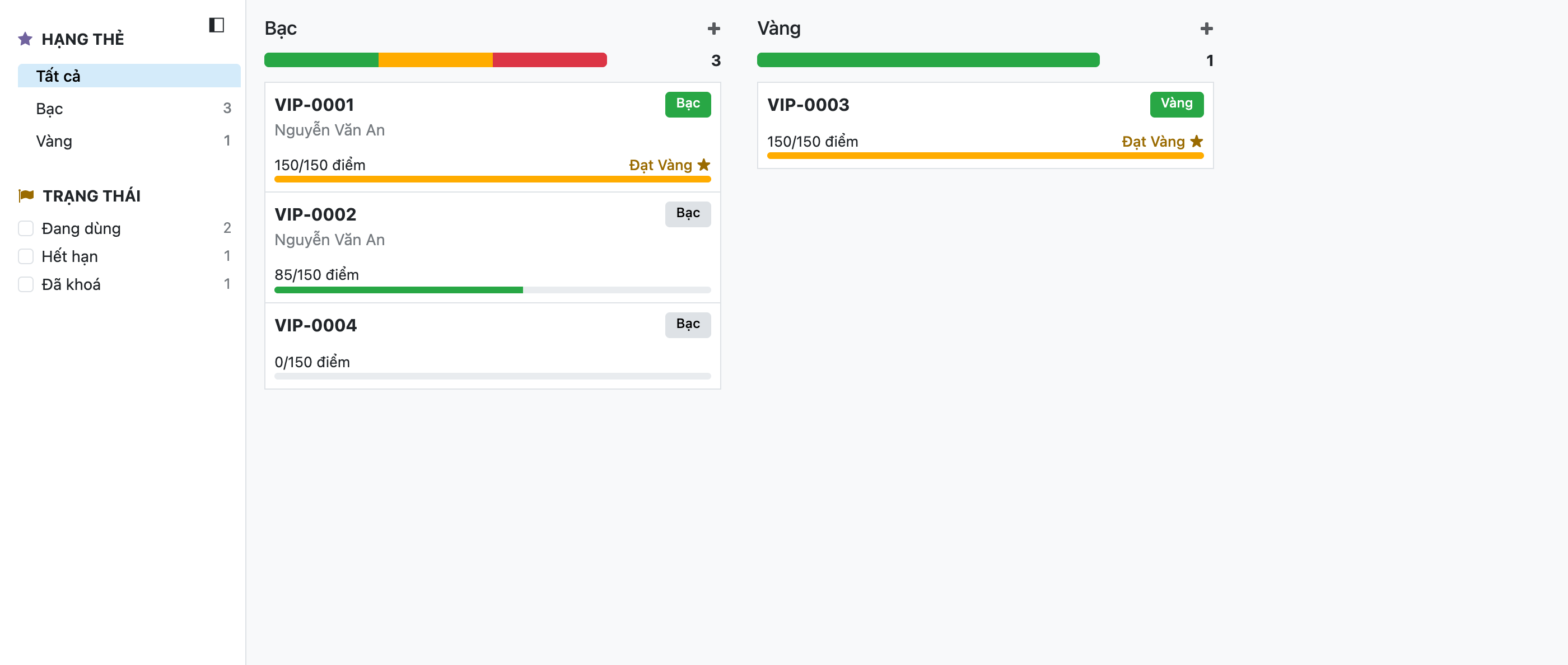 Ảnh chụp thật bảng kanban thẻ thành viên Odoo 19 nhóm theo hạng thẻ, cột Bạc có ba thẻ và cột Vàng một thẻ. Thẻ VIP-0001 hạng Bạc điểm 150 trên 150 thanh tiến độ vàng đầy kèm chữ Đạt Vàng ngôi sao, thẻ VIP-0002 hạng Bạc 85 trên 150 thanh xanh lá đầy hơn nửa, thẻ VIP-0004 hạng Bạc 0 trên 150 thanh xám rỗng, thẻ VIP-0003 cột Vàng 150 trên 150 thanh vàng đầy Đạt Vàng
