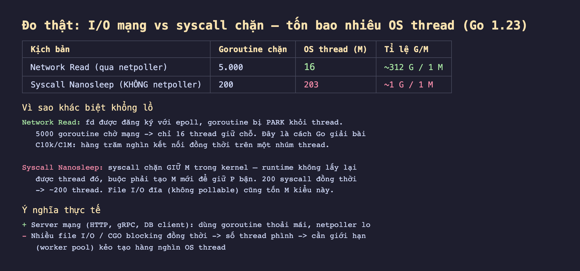 Ảnh chụp kết quả đo thật nền tối I/O mạng vs syscall chặn tốn bao nhiêu OS thread Go 1.23, kịch bản Network Read qua netpoller goroutine chặn 5000 OS thread M 16 tỉ lệ khoảng 312 G trên 1 M, Syscall Nanosleep không netpoller goroutine chặn 200 OS thread M 203 tỉ lệ khoảng 1 G trên 1 M, vì sao khác biệt khổng lồ Network Read fd được đăng ký với epoll goroutine bị park khỏi thread 5000 goroutine chờ mạng chỉ 16 thread giữ chỗ đây là cách Go giải bài C10k C1M hàng trăm nghìn kết nối đồng thời trên một nhúm thread, Syscall Nanosleep syscall chặn giữ M trong kernel runtime không lấy lại được thread đó buộc phải tạo M mới để giữ P bận 200 syscall đồng thời khoảng 200 thread file I/O đĩa không pollable cũng tốn M kiểu này, ý nghĩa thực tế server mạng HTTP gRPC DB client dùng goroutine thoải mái netpoller lo nhiều file I/O CGO blocking đồng thời số thread phình cần giới hạn worker pool kẻo tạo hàng nghìn OS thread