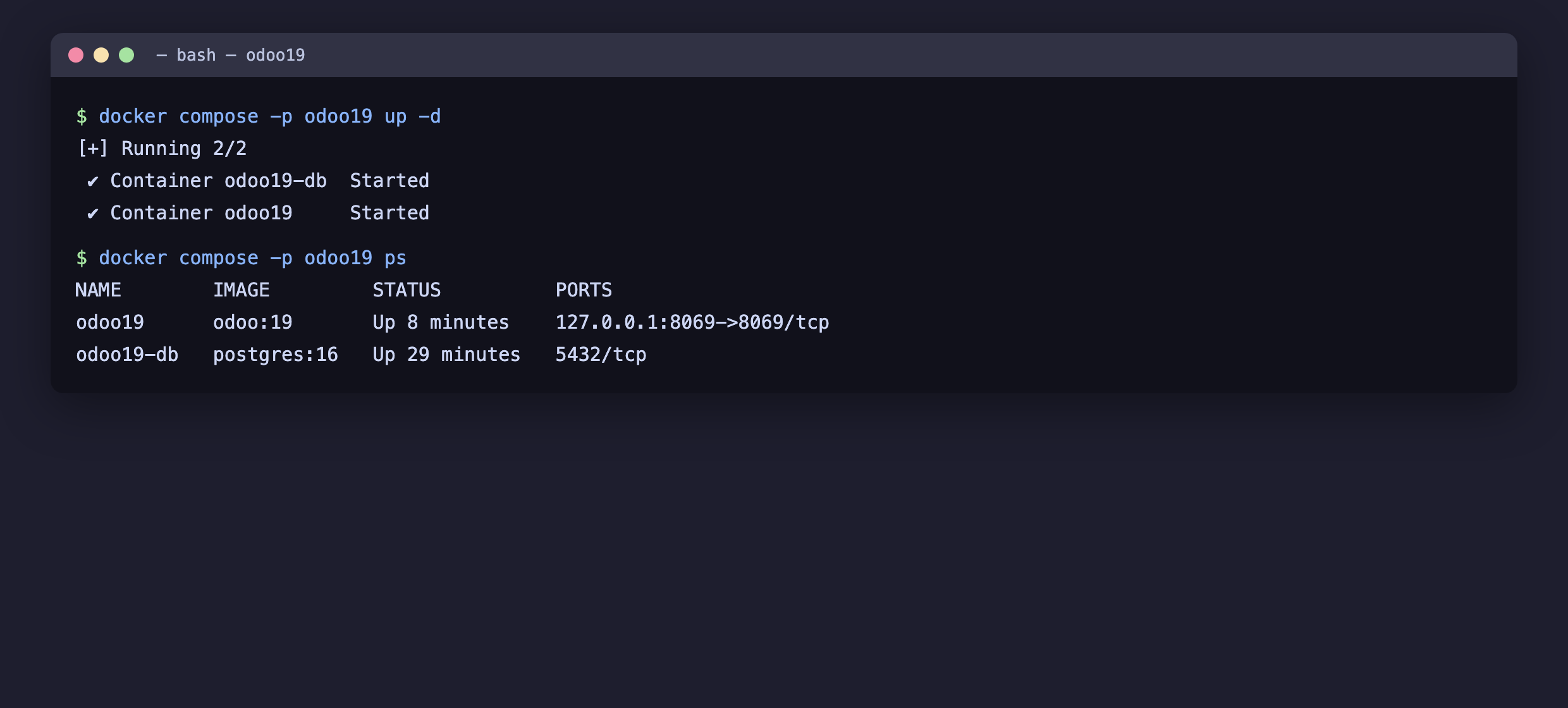 Terminal: docker compose up khởi động 2 container, docker ps hiện odoo19 và odoo19-db đang chạy