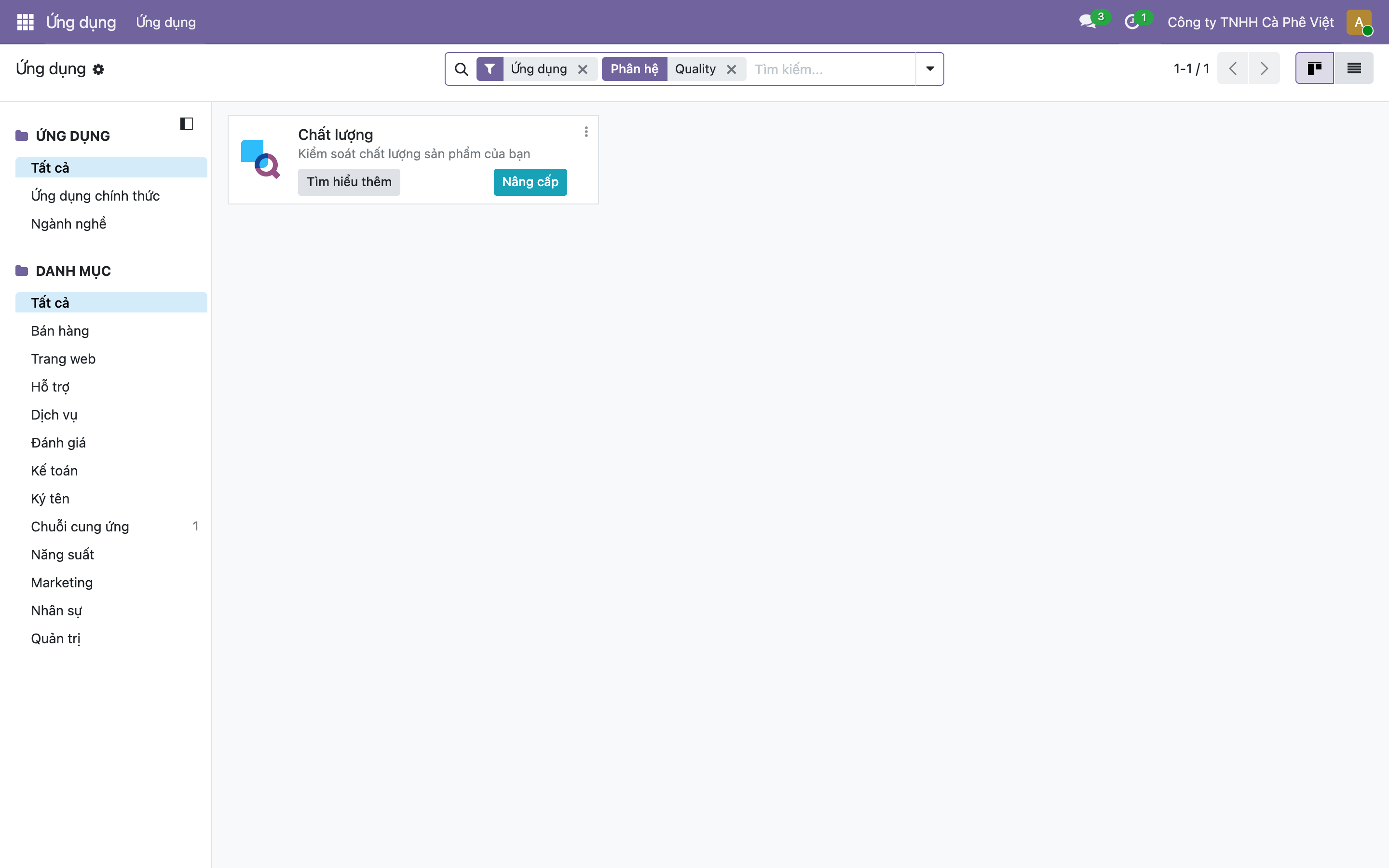 Màn hình Ứng dụng của Odoo lọc theo Quality, hiện một ô ứng dụng tên Chất lượng - Kiểm soát chất lượng sản phẩm của bạn, với nút Tìm hiểu thêm và nút Nâng cấp màu xanh