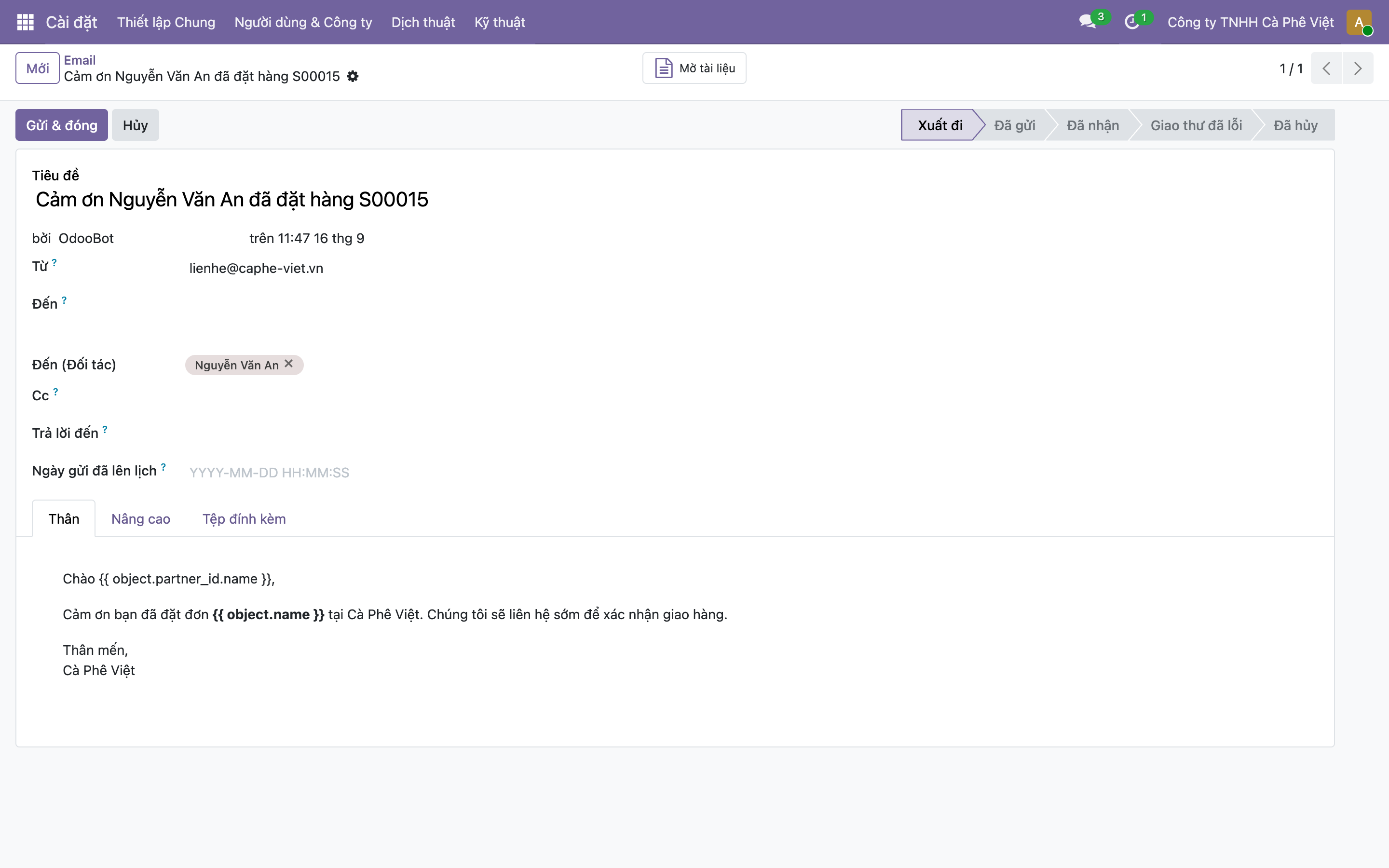 Form một Email trong hàng đợi của Odoo, tiêu đề Cảm ơn Nguyễn Văn An đã đặt hàng S00015, thanh trạng thái đang ở Xuất đi rồi Đã gửi Đã nhận, người nhận đối tác Nguyễn Văn An, từ lienhe@caphe-viet.vn