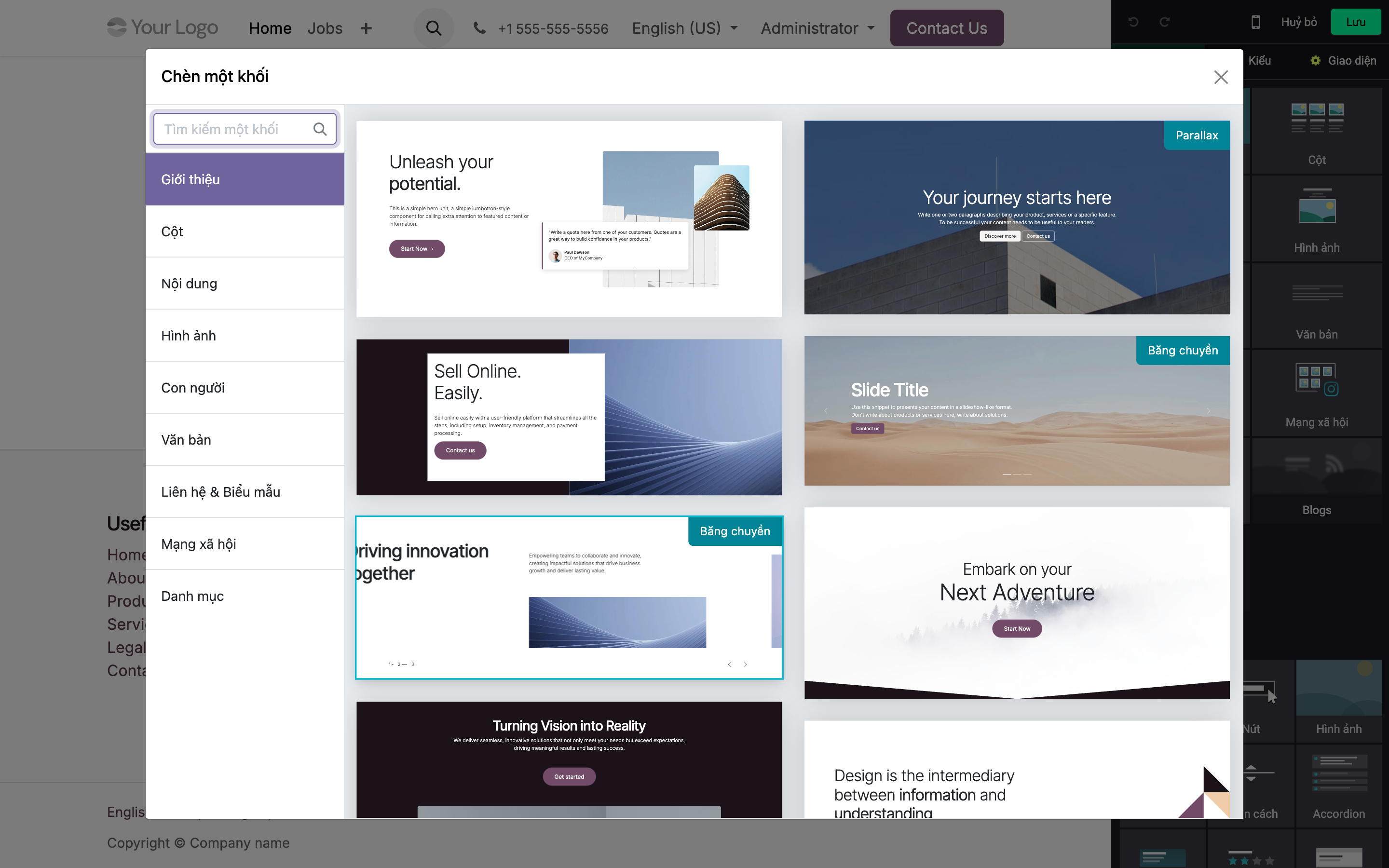 Hộp thoại Chèn một khối hiện thư viện mẫu ảnh bìa: Unleash your potential, Your journey starts here kiểu Parallax, Sell Online Easily, Slide Title kiểu băng chuyền, Embark on your Next Adventure, Turning Vision into Reality; bên trái là danh sách nhóm Giới thiệu, Cột, Nội dung, Hình ảnh, Con người, Văn bản, và ô Tìm kiếm một khối