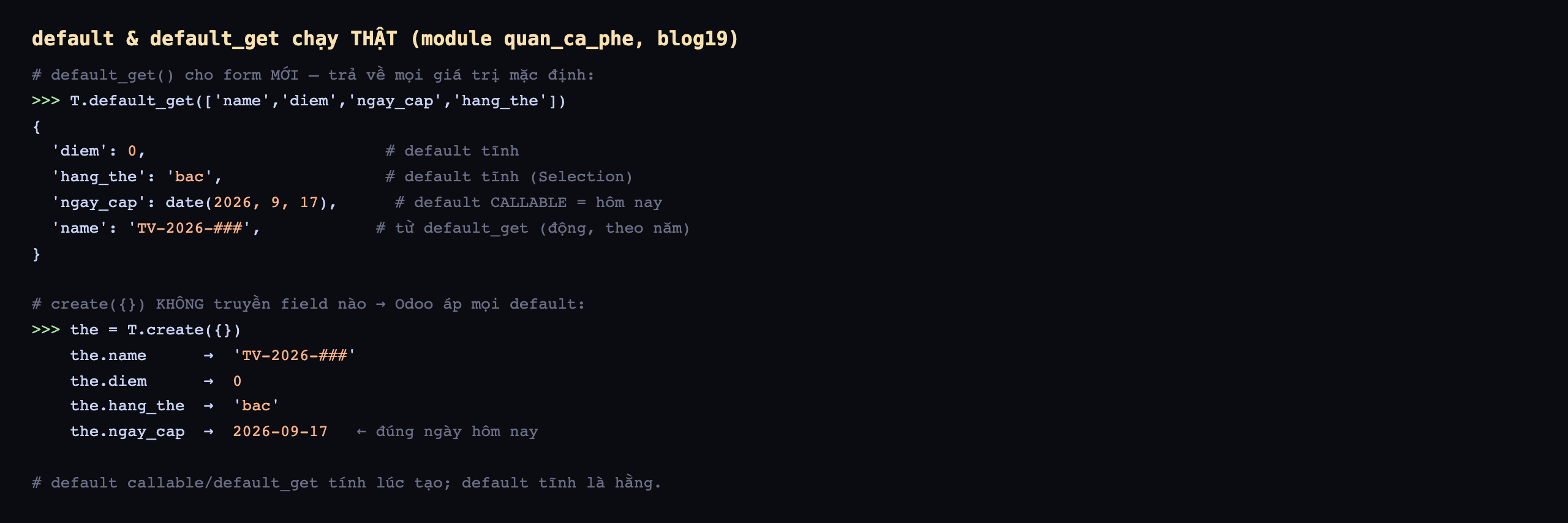 Output default và default_get chạy thật trên module quan_ca_phe database blog19: gọi T.default_get với danh sách name diem ngay_cap hang_the trả về dict diem 0 là default tĩnh, hang_the bac là default tĩnh Selection, ngay_cap date 2026 9 17 là default callable bằng hôm nay, name TV-2026 kèm dấu thăng từ default_get động theo năm; tạo bản ghi create rỗng không truyền field nào thì Odoo áp mọi default, the.name trả TV-2026 dấu thăng, the.diem trả 0, the.hang_the trả bac, the.ngay_cap trả 2026-09-17 đúng ngày hôm nay; ghi chú default callable và default_get tính lúc tạo còn default tĩnh là hằng