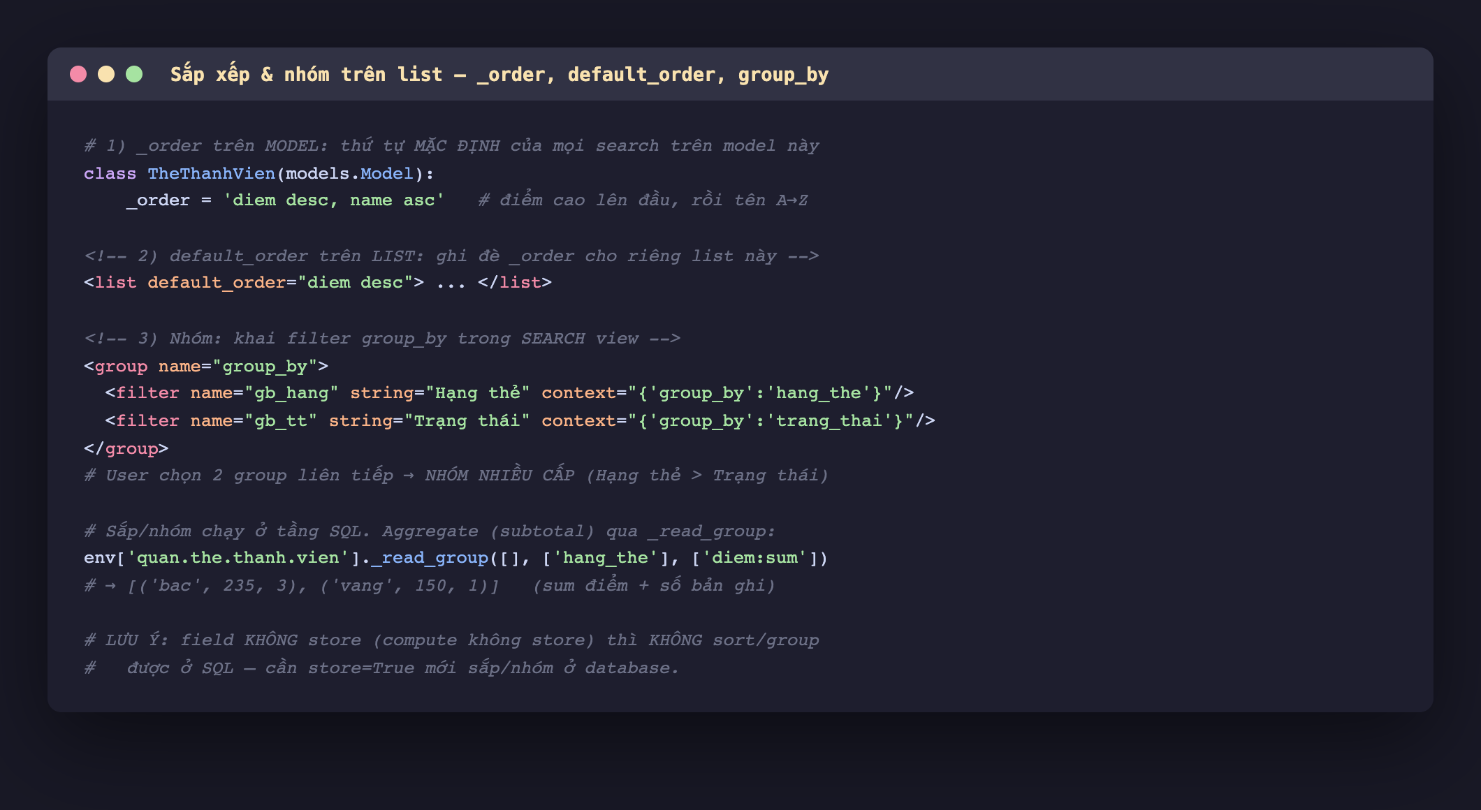 Ảnh chụp mã Python và XML nền tối, phần Python lớp TheThanhVien có _order bằng diem desc name asc là thứ tự mặc định điểm cao lên đầu rồi tên A đến Z, phần XML list có default_order diem desc ghi đè _order cho riêng list, một group name group_by chứa filter gb_hang string Hạng thẻ context group_by hang_the và filter gb_tt string Trạng thái context group_by trang_thai, chú thích user chọn 2 group liên tiếp thành nhóm nhiều cấp, một dòng gọi _read_group trả về subtotal bac 235 3 và vang 150 1, và lưu ý field không store thì không sort hoặc group được ở SQL cần store True