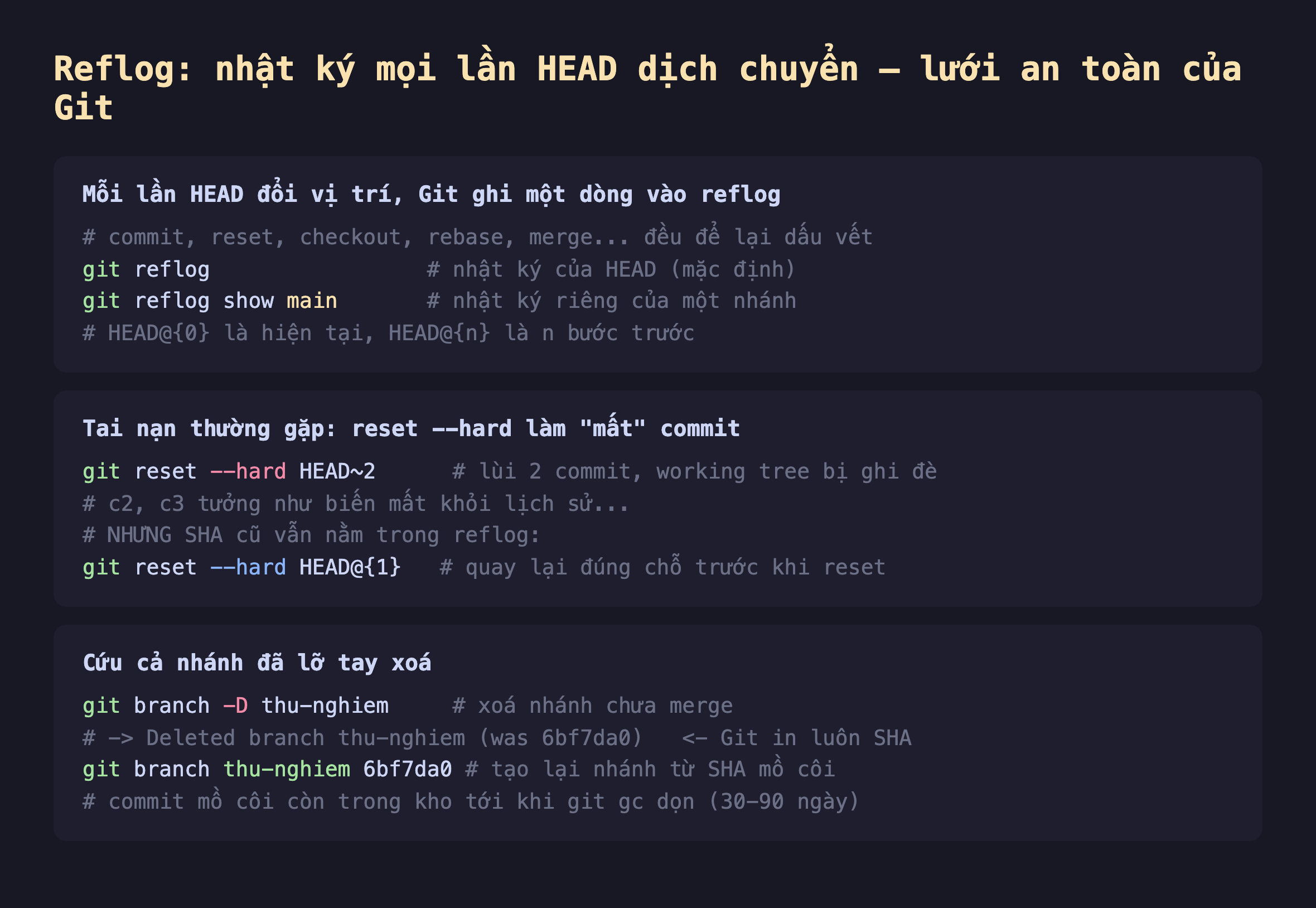 Ảnh chụp đoạn mã shell nền tối minh hoạ reflog là nhật ký mọi lần HEAD dịch chuyển làm lưới an toàn của Git, mỗi lần HEAD đổi vị trí Git ghi một dòng vào reflog gồm commit reset checkout rebase merge, git reflog xem nhật ký của HEAD và git reflog show main xem nhật ký riêng một nhánh, HEAD@{0} là hiện tại HEAD@{n} là n bước trước, tai nạn thường gặp git reset --hard HEAD~2 lùi hai commit ghi đè working tree khiến c2 c3 tưởng biến mất nhưng SHA cũ vẫn trong reflog nên git reset --hard HEAD@{1} quay lại đúng chỗ, cứu cả nhánh đã lỡ tay xoá git branch -D thu-nghiem Git in luôn SHA was 6bf7da0 rồi git branch thu-nghiem 6bf7da0 tạo lại nhánh từ SHA mồ côi commit mồ côi còn trong kho tới khi git gc dọn