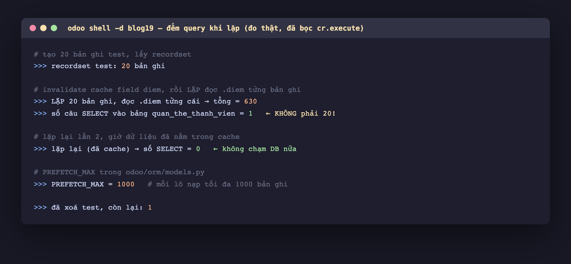 Ảnh chụp phiên odoo shell blog19 đo số query, tạo 20 bản ghi test lấy recordset 20 bản ghi, sau khi invalidate cache field diem rồi lặp đọc diem từng bản ghi cho tổng 630, số câu SELECT vào bảng quan_the_thanh_vien chỉ là 1 chứ không phải 20, lặp lại lần hai khi đã có cache thì số SELECT là 0 không chạm DB nữa, PREFETCH_MAX trong odoo orm models py bằng 1000 mỗi lô nạp tối đa 1000 bản ghi, cuối cùng xoá test còn lại 1 bản ghi