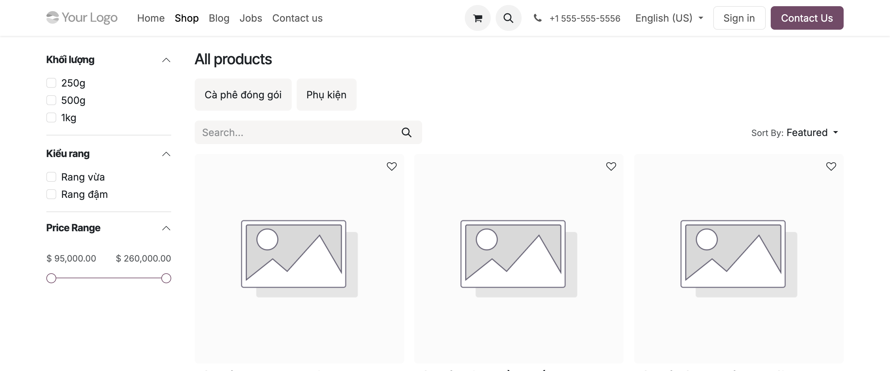 Trang cửa hàng ở tiếng Anh: navbar Home Shop Blog Jobs Contact us, bộ lọc Price Range, Sort By Featured, nút Sign in; nhưng tên danh mục Cà phê đóng gói, Phụ kiện và thuộc tính Khối lượng, Kiểu rang vẫn tiếng Việt