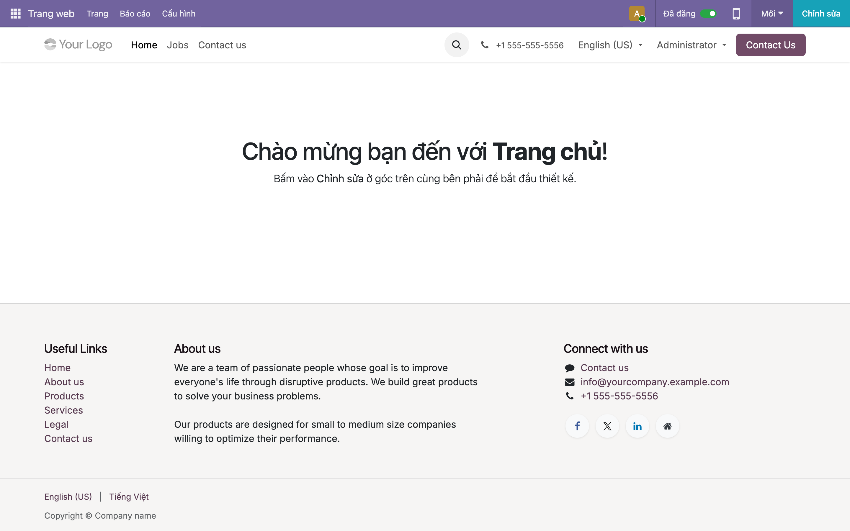 Trang chủ website trong trình quản lý Odoo với dòng chữ lớn Chào mừng bạn đến với Trang chủ và hướng dẫn Bấm vào Chỉnh sửa ở góc trên cùng bên phải để bắt đầu thiết kế; phía trên có thanh công cụ Trang web và nút Chỉnh sửa