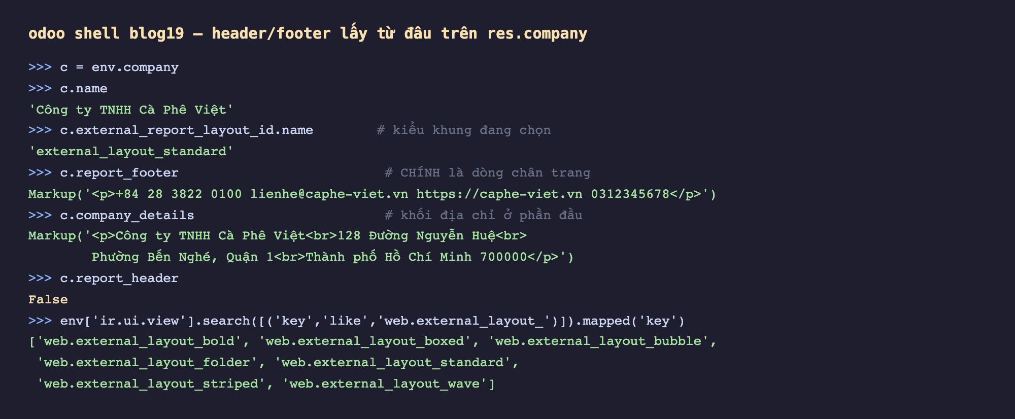 Ảnh chụp phiên odoo shell nền tối trên cơ sở dữ liệu blog19, c bằng env company, c name trả về Công ty TNHH Cà Phê Việt, c external_report_layout_id name trả về external_layout_standard kèm chú thích kiểu khung đang chọn, c report_footer trả về Markup chứa thẻ p với số điện thoại email website và mã số thuế kèm chú thích CHÍNH là dòng chân trang, c company_details trả về Markup khối địa chỉ nhiều dòng kèm chú thích khối địa chỉ ở phần đầu, c report_header trả về False, và câu tìm ir ui view theo key external_layout trả về danh sách bảy key gồm bold boxed bubble folder standard striped wave
