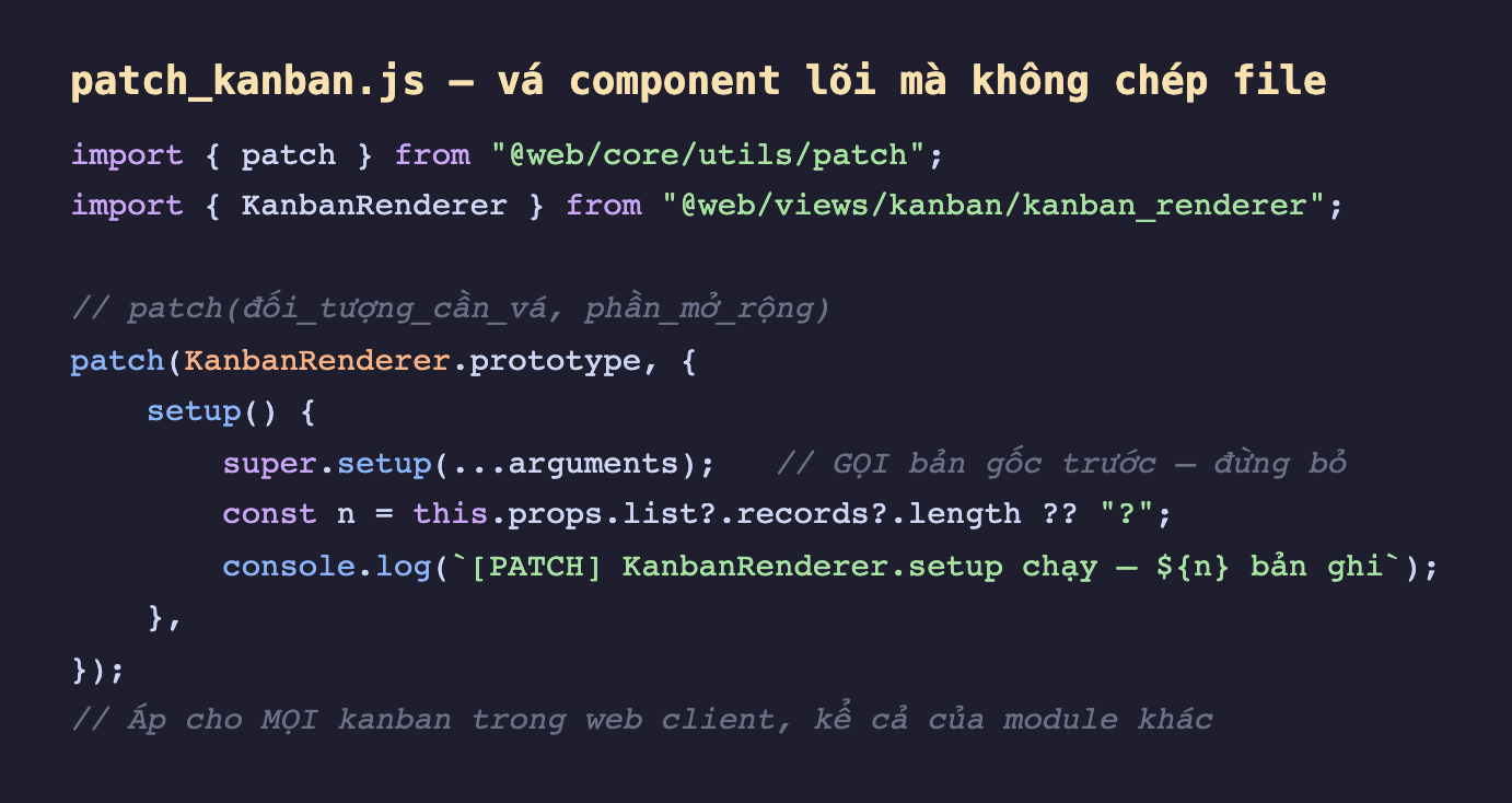 Ảnh chụp đoạn mã nền tối file patch_kanban js, import patch từ web core utils patch và KanbanRenderer từ web views kanban kanban_renderer, chú thích patch nhận đối tượng cần vá và phần mở rộng, gọi patch trên KanbanRenderer chấm prototype với một object chứa method setup, trong setup gọi super chấm setup với spread arguments trước kèm chú thích gọi bản gốc trước đừng bỏ, rồi lấy số bản ghi từ this props list records length, và console log một dòng bắt đầu bằng PATCH KanbanRenderer setup chạy kèm số bản ghi, cuối cùng chú thích áp cho mọi kanban trong web client kể cả của module khác