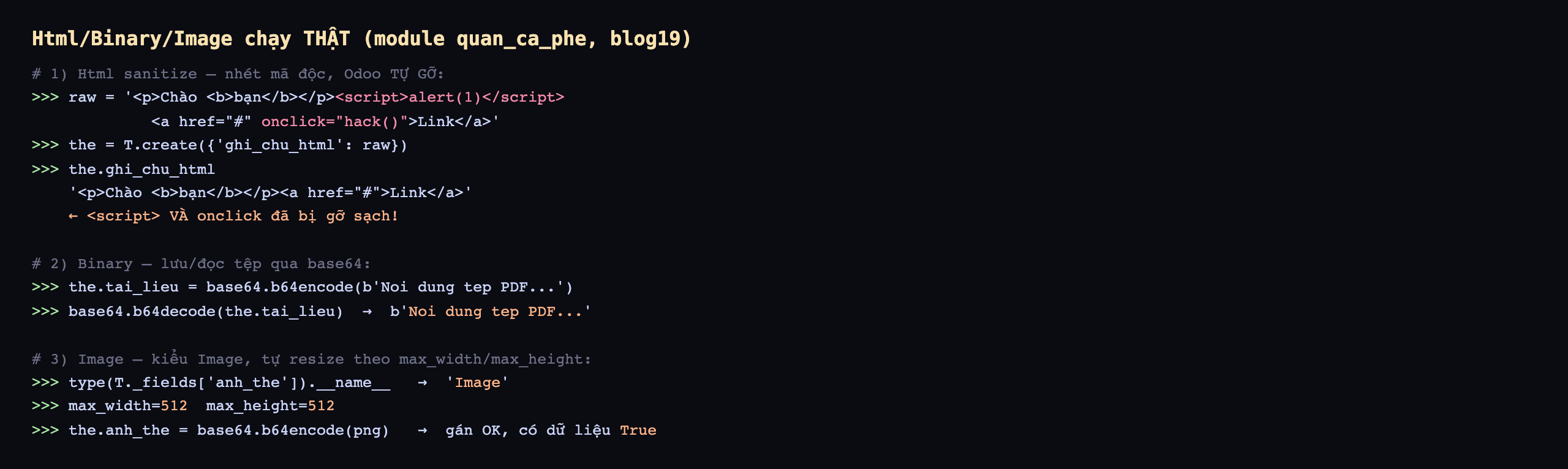 Output Html Binary Image chạy thật trên module quan_ca_phe database blog19: một Html sanitize nhét mã độc Odoo tự gỡ, raw bằng chuỗi p Chào b bạn cộng thẻ script alert 1 cộng thẻ a href dấu thăng onclick hack Link; tạo thẻ với ghi_chu_html bằng raw, đọc the.ghi_chu_html ra chuỗi p Chào b bạn đóng p cộng a href dấu thăng Link, ghi chú thẻ script và onclick đã bị gỡ sạch; hai Binary lưu đọc tệp qua base64, the.tai_lieu bằng base64 b64encode nội dung tệp PDF, base64 b64decode the.tai_lieu trả lại đúng bytes Noi dung tep PDF; ba Image kiểu Image tự resize theo max_width max_height, type của trường anh_the là Image, max_width 512 max_height 512, the.anh_the bằng base64 b64encode png gán OK có dữ liệu True