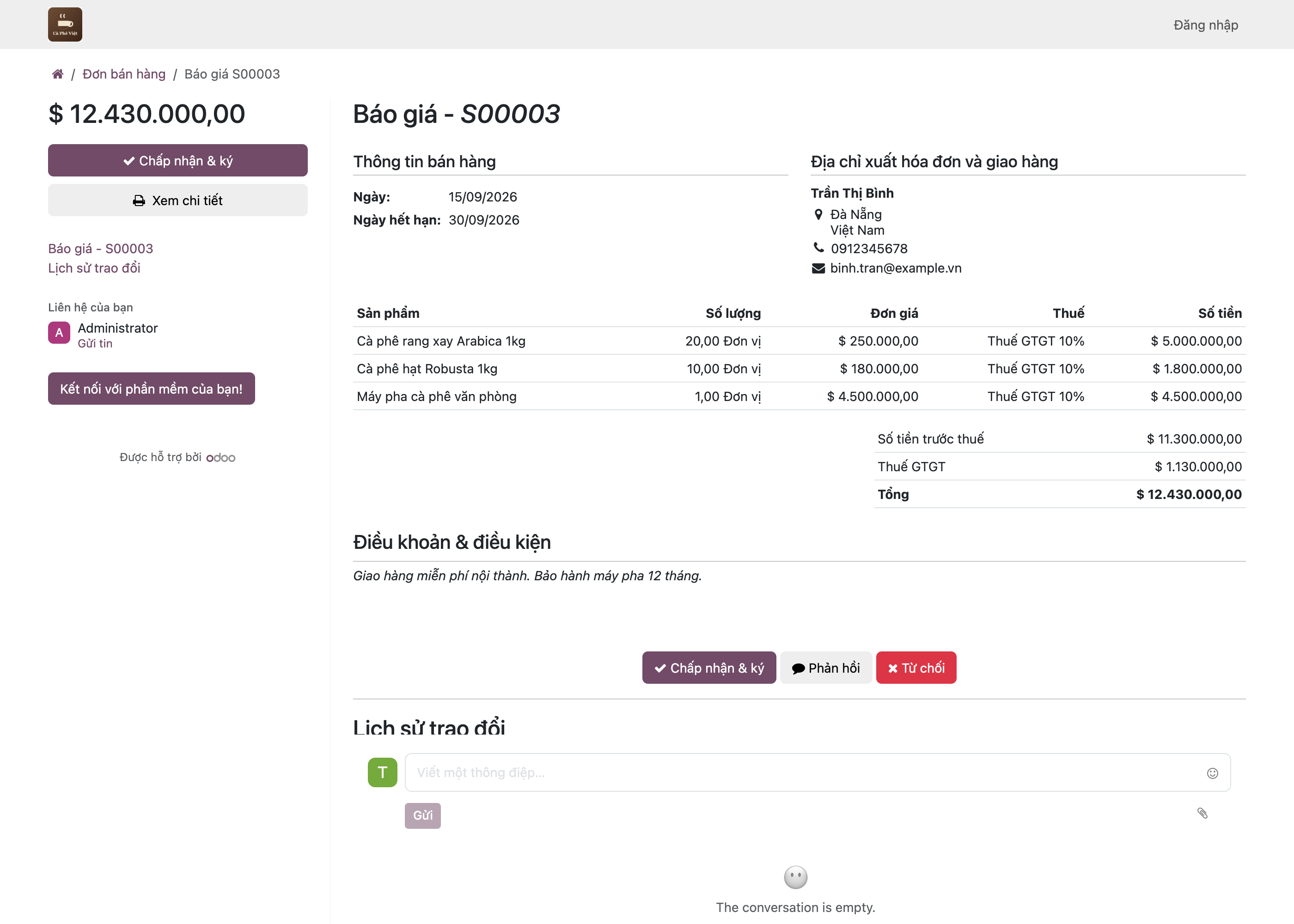 Trang portal khách hàng xem báo giá