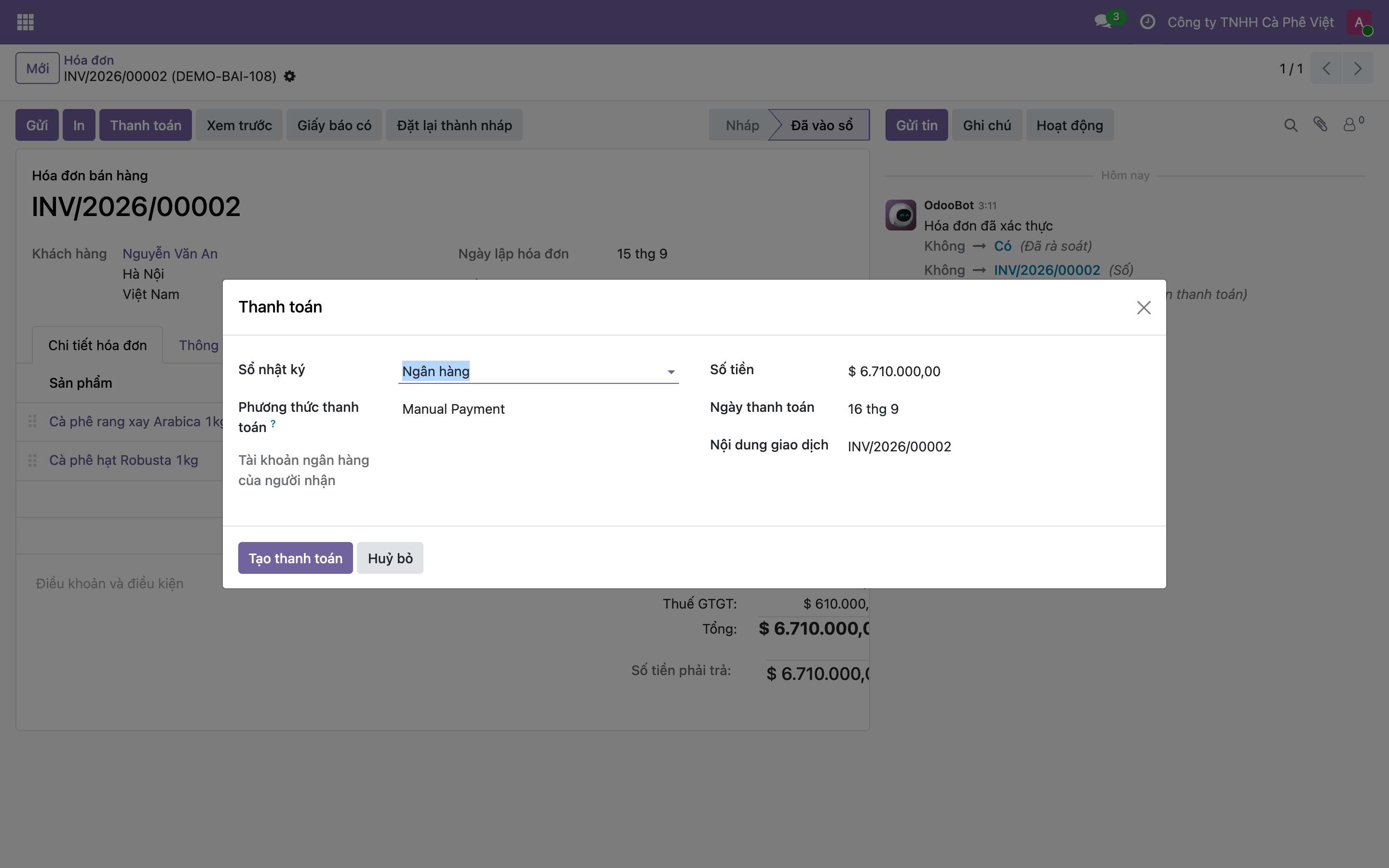 Hộp thoại Thanh toán cho hoá đơn INV/2026/00002 với Sổ nhật ký Ngân hàng, Phương thức Manual Payment, Số tiền 6.710.000, Ngày thanh toán 16 tháng 9, nút Tạo thanh toán