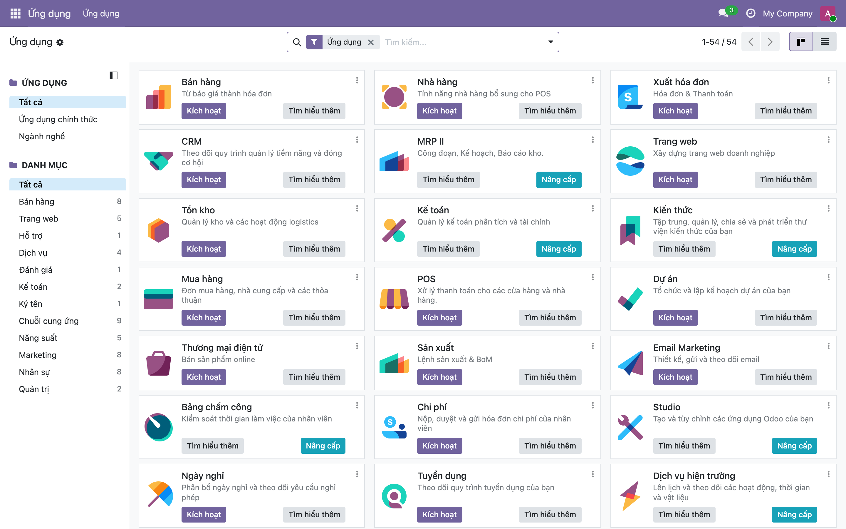 Màn hình Ứng dụng của Odoo sau khi tạo database và đăng nhập, hiển thị lưới các app