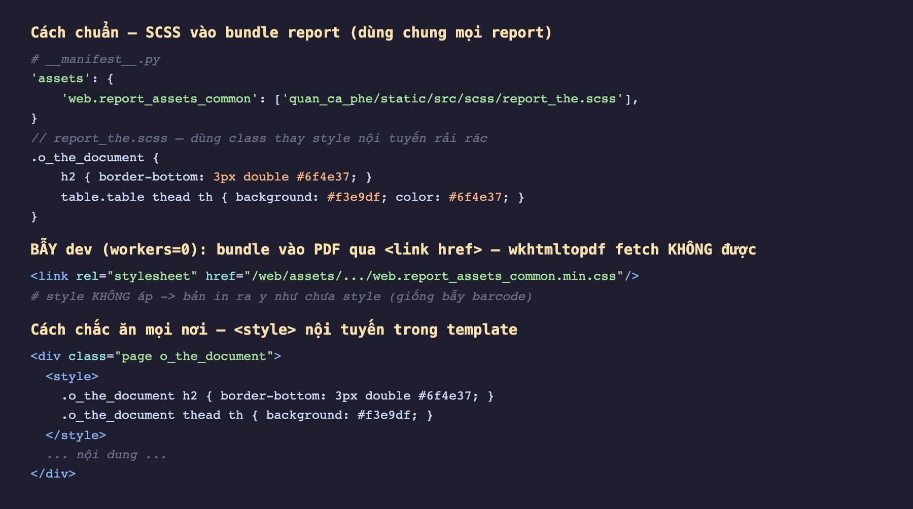 Ảnh chụp đoạn mã nền tối ba phần, phần trên là manifest khai assets với khoá web report_assets_common trỏ tới file report_the scss và file report_the scss định nghĩa class o_the_document với h2 gạch chân đôi màu nâu và table thead th nền kem chữ nâu; phần giữa cảnh báo bẫy dev workers bằng 0 bundle vào PDF qua thẻ link rel stylesheet href tới web assets report_assets_common min css và chú thích style không áp bản in ra như chưa style giống bẫy barcode; phần dưới cách chắc ăn mọi nơi là style nội tuyến trong template div class page o_the_document chứa thẻ style với các quy tắc rồi tới nội dung